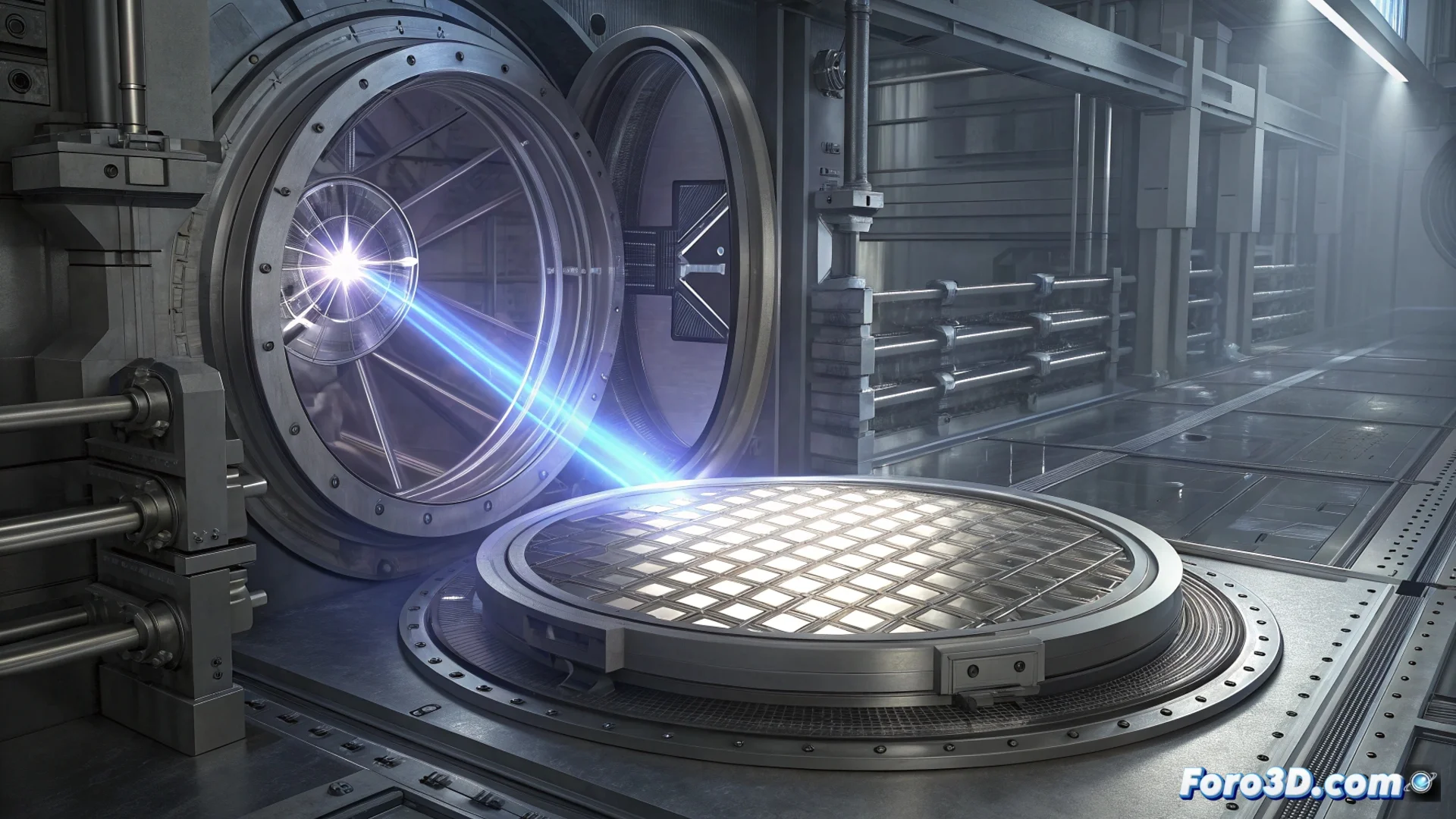 Ilustración esquemática que muestra el proceso de fotolitografía EUV: un haz de luz ultravioleta extrema incide sobre una oblea de silicio recubierta de material fotosensible, grabando patrones de circuitos complejos y microscópicos.