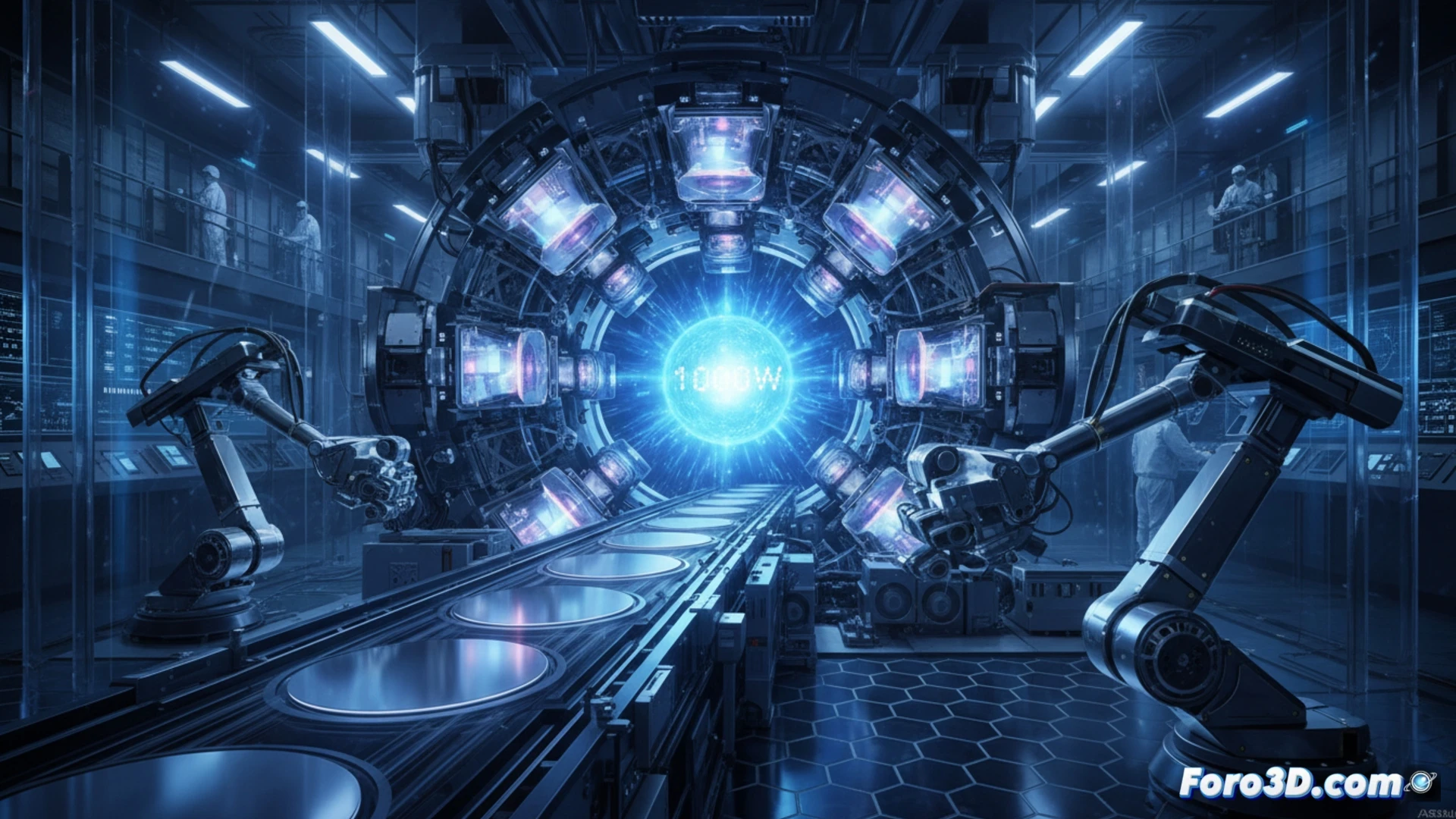 Una fuente de luz EUV de alta potencia ilumina una oblea de silicio en una cámara de vacío, con gráficos de rendimiento superpuestos.