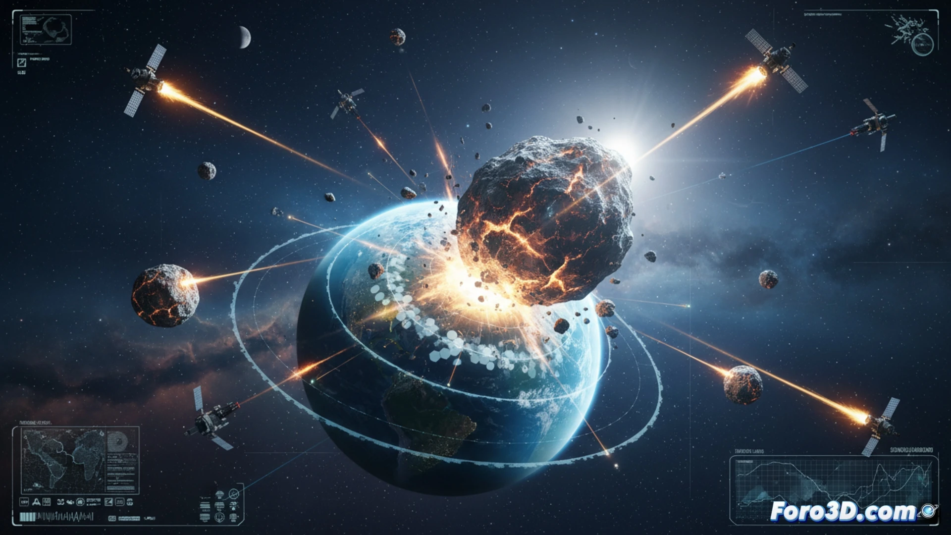 Una simulación 3D hiperrealista muestra el impacto de un gran asteroide en la Tierra, fusionando datos científicos con efectos visuales espectaculares para la defensa planetaria.