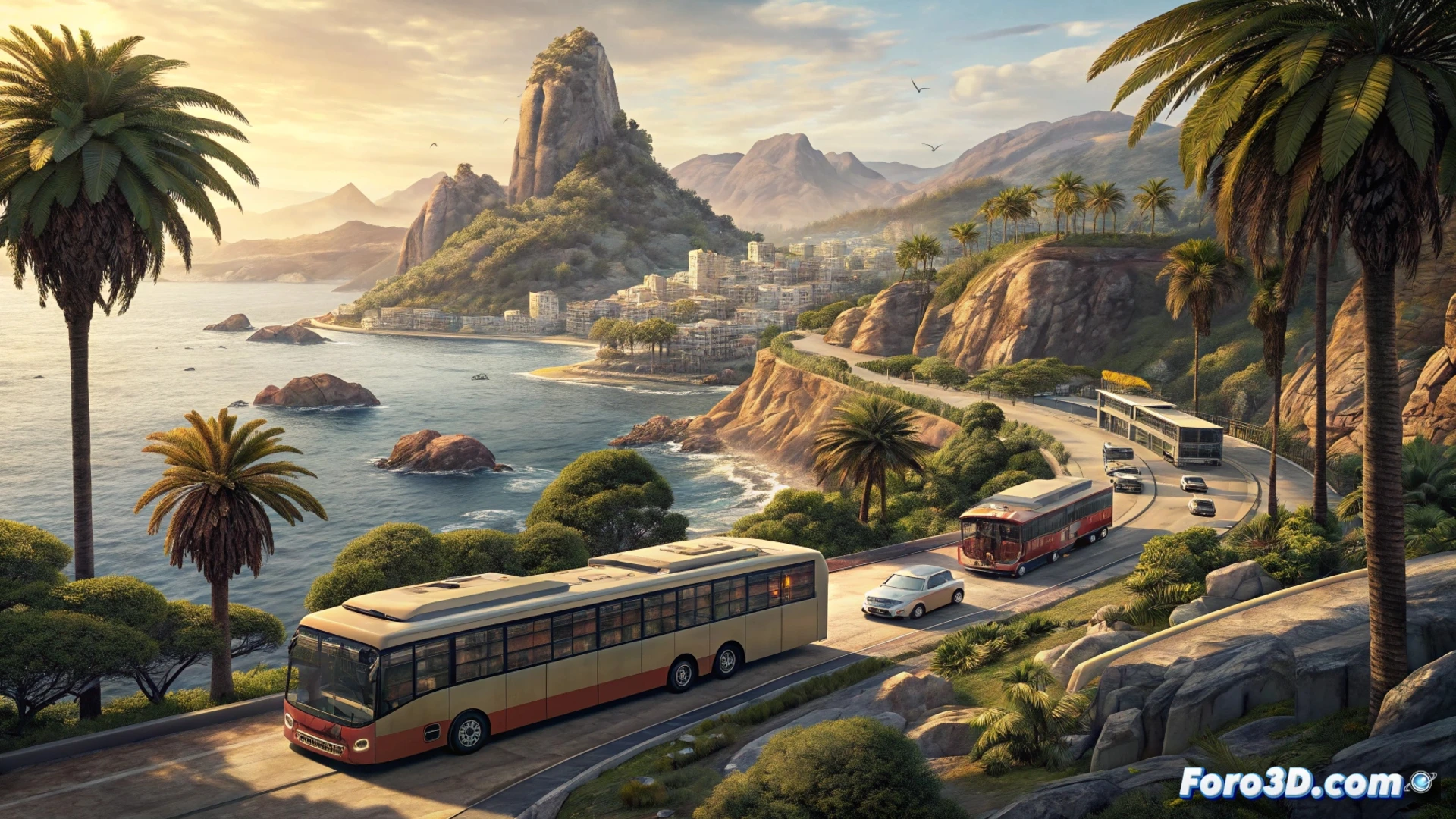 Una flota de autobuses modernos recorre una costa mediterránea soleada, con cuatro jugadores cooperando en la cabina de uno de ellos.