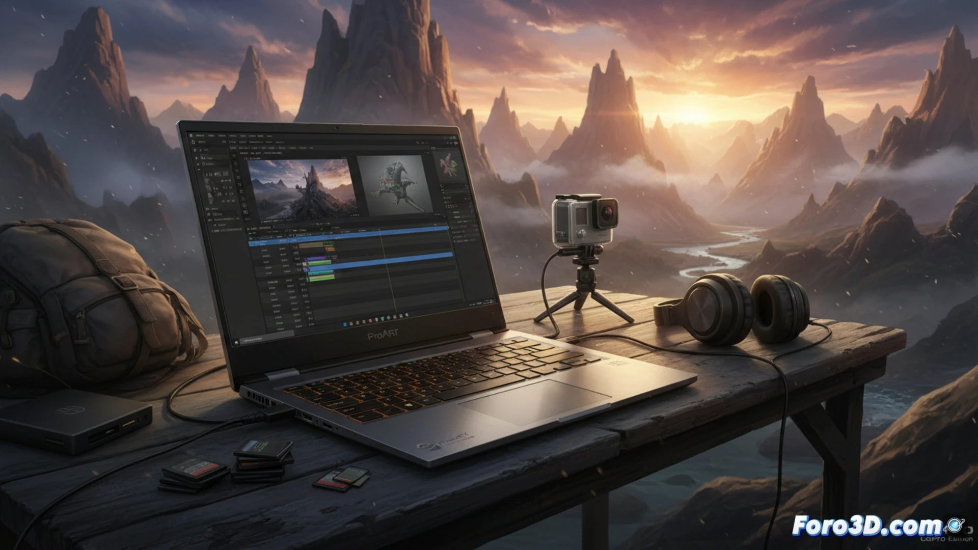 Un portátil robusto con pantalla OLED táctil, mostrando una interfaz de edición de vídeo junto a una cámara GoPro, en un entorno de trabajo exterior.