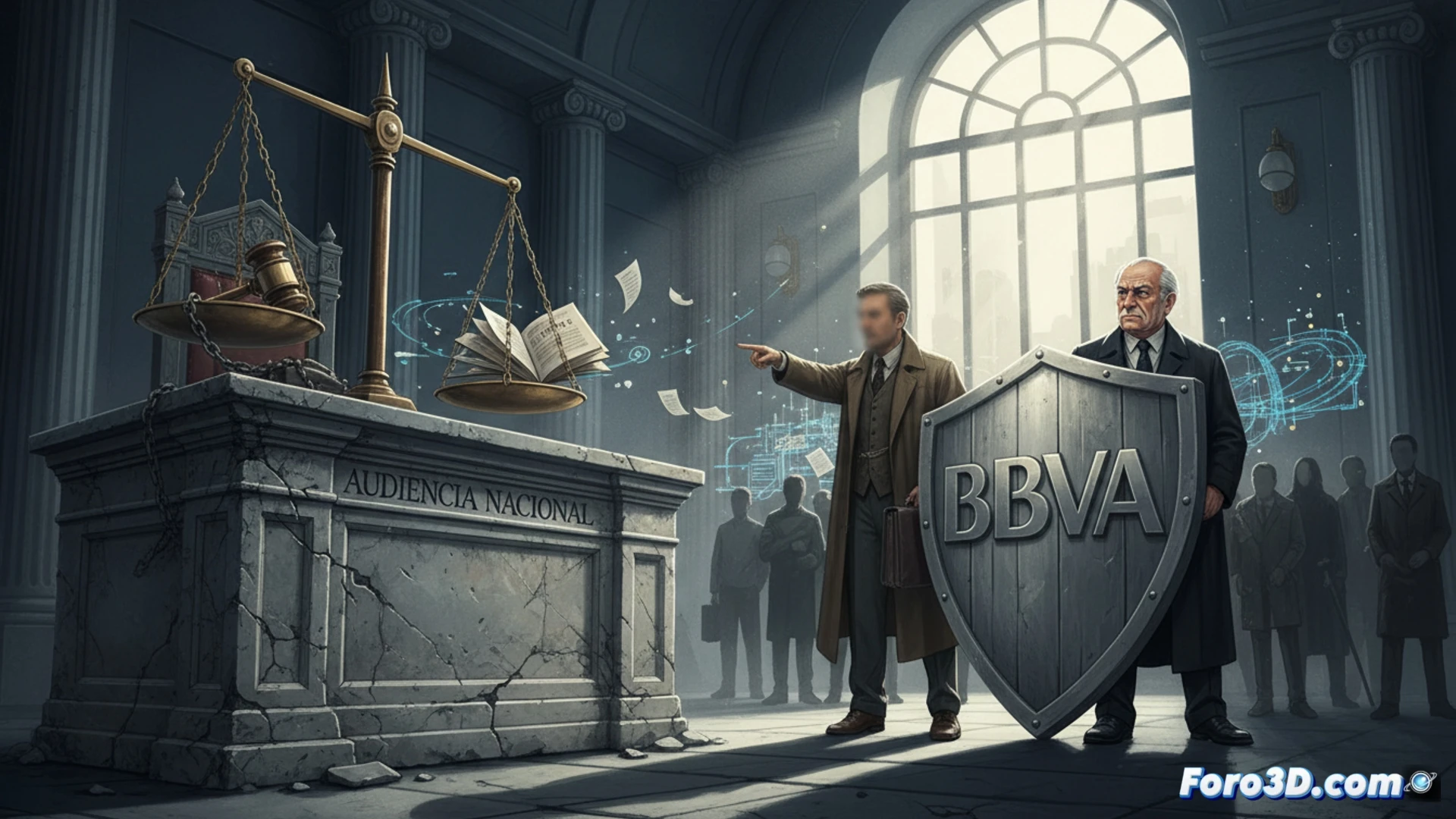 Un juez sostiene un martillo frente al logotipo del BBVA, con documentos de 