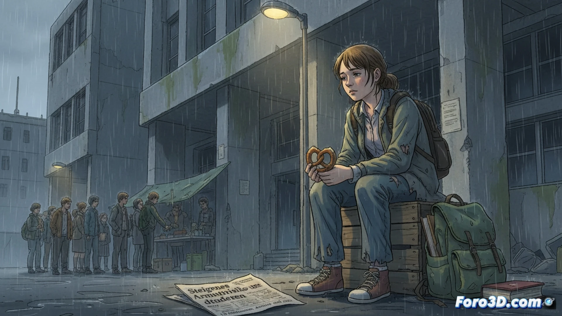 Una joven con toga y birrete revisa cuentas frente a un portátil, rodeada de facturas y monedas escasas sobre un escritorio modesto.