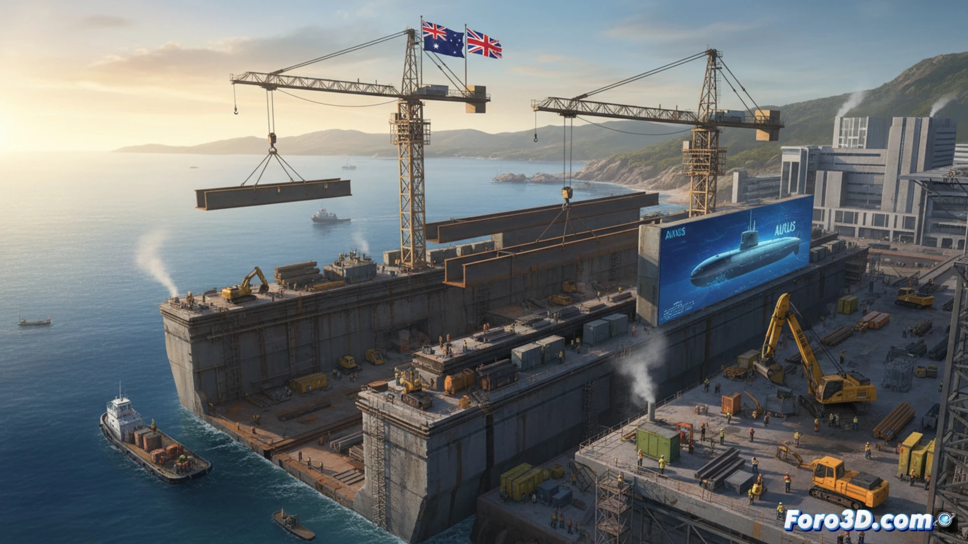 Vista aérea del astillero en construcción en Osborne, con grúas y maquinaria pesada, bajo la bandera australiana y el logo AUKUS.