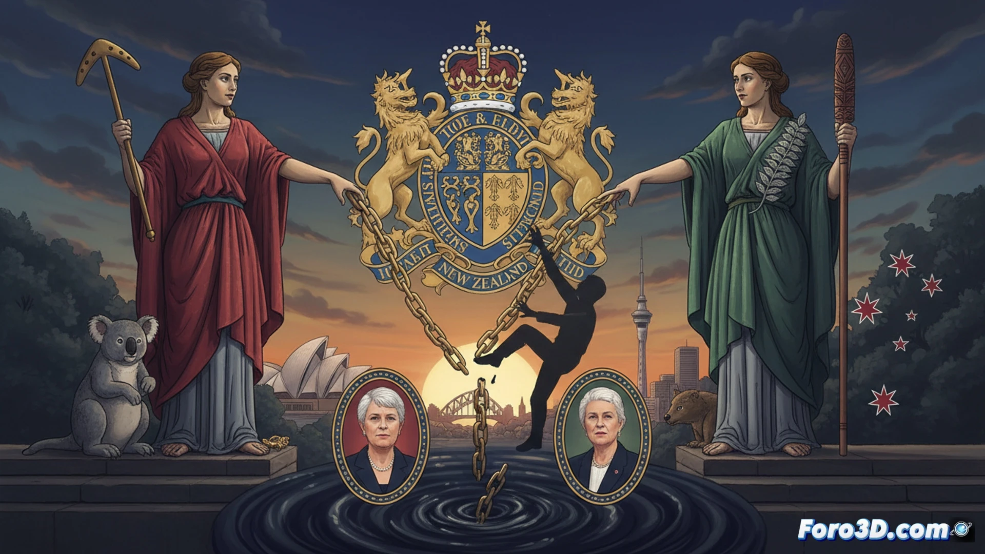 Dos primeros ministros, Albanese y Luxon, hablan ante banderas de Australia y Nueva Zelanda, con un documento oficial y un titular sobre el príncipe Andrés.