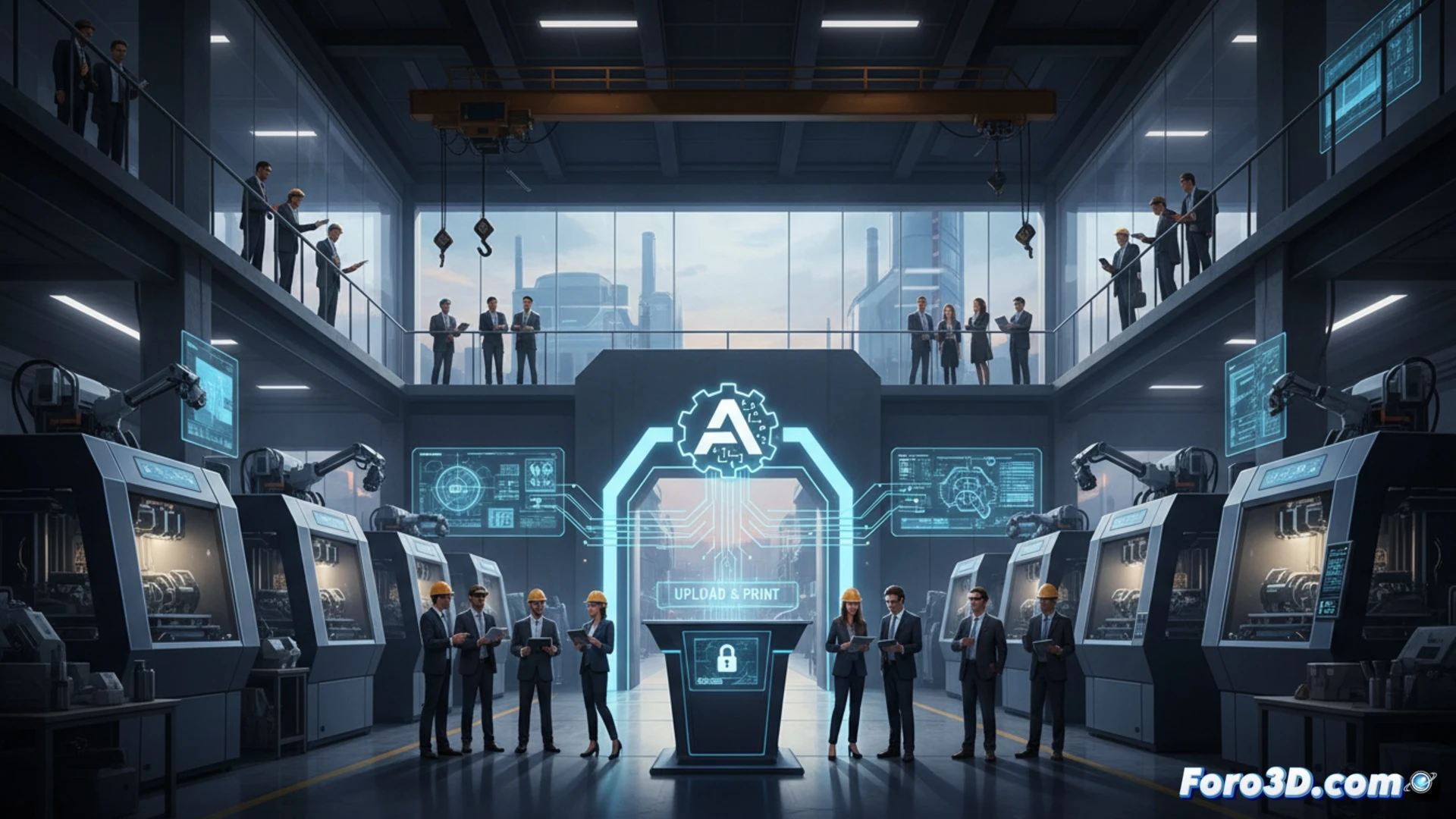 Una nave industrial con impresoras 3D de gran formato en funcionamiento, mientras un técnico supervisa un proceso de fabricación digital.