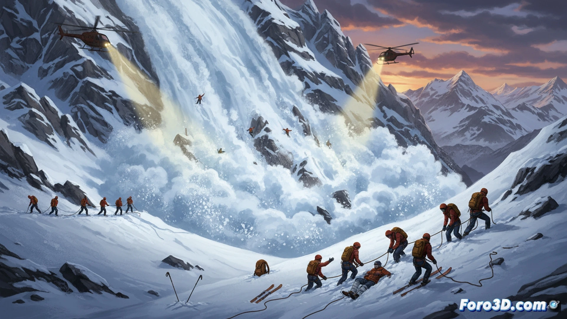 Una avalancha de nieve arrastra a esquiadores en una ladera boscosa de Madesimo. Equipos de rescate con perros buscan entre los escombros, bajo un cielo gris y montañas escarpadas.