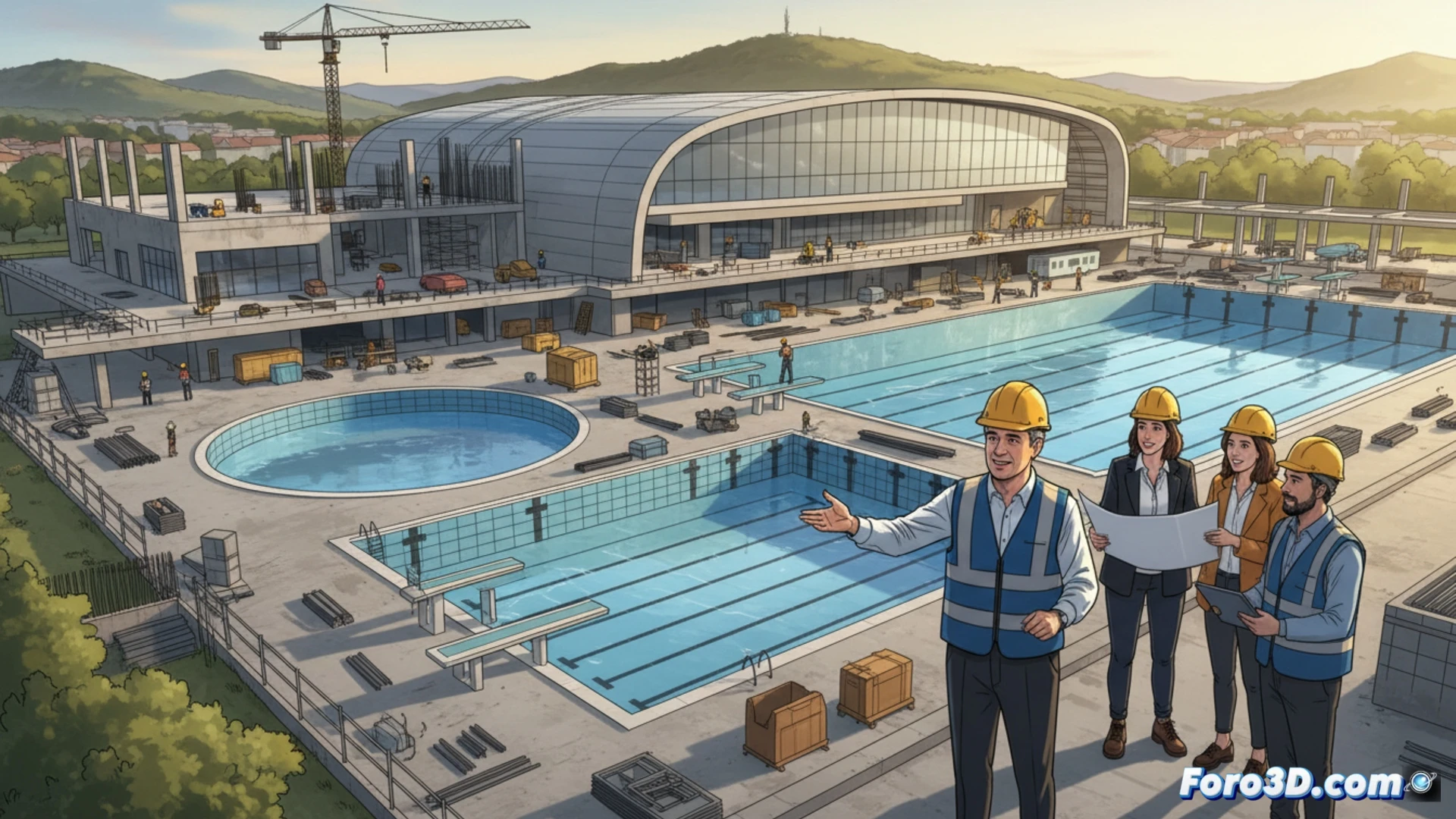 El alcalde y su equipo inspeccionan el avance de la estructura y los vasos de las piscinas del nuevo centro acuático municipal.