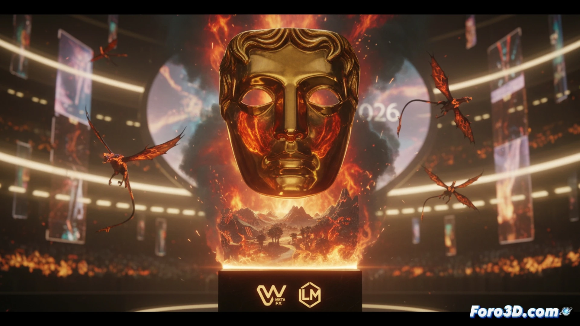 Un Na'vi observa un bosque bioluminiscente en llamas, con cenizas flotando como pétalos, en una escena de impactante belleza visual.