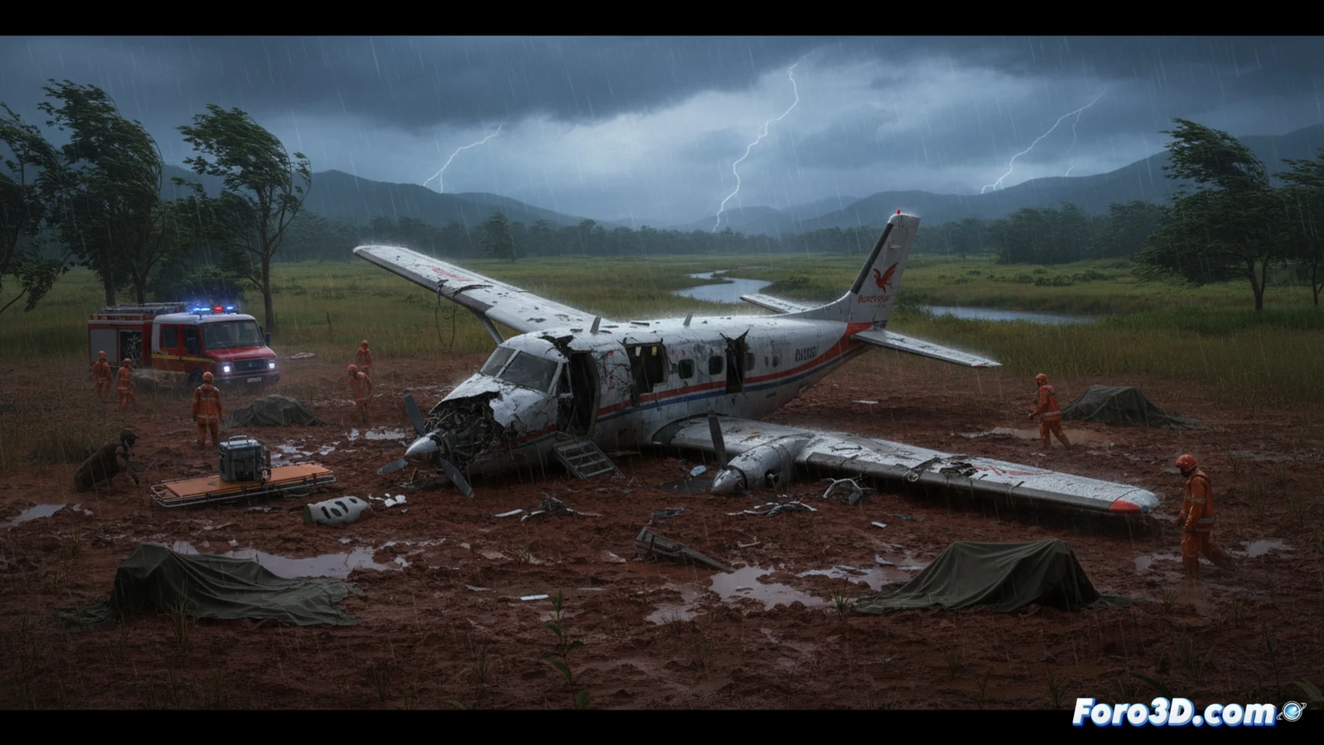 Avioneta médica destrozada entre la densa vegetación tras estrellarse. Restos esparcidos y equipos de rescate en la escena bajo un cielo tormentoso.
