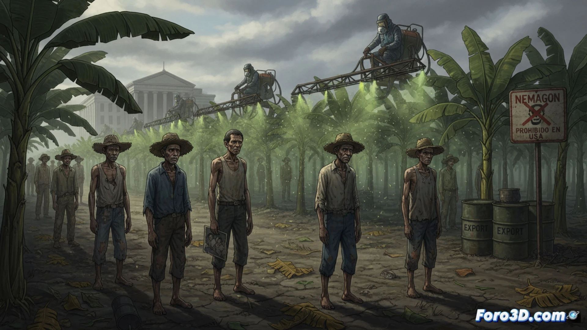 Un trabajador bananero, con ropa gastada, mira con desolación una plantación mientras sostiene un frasco de pesticida.