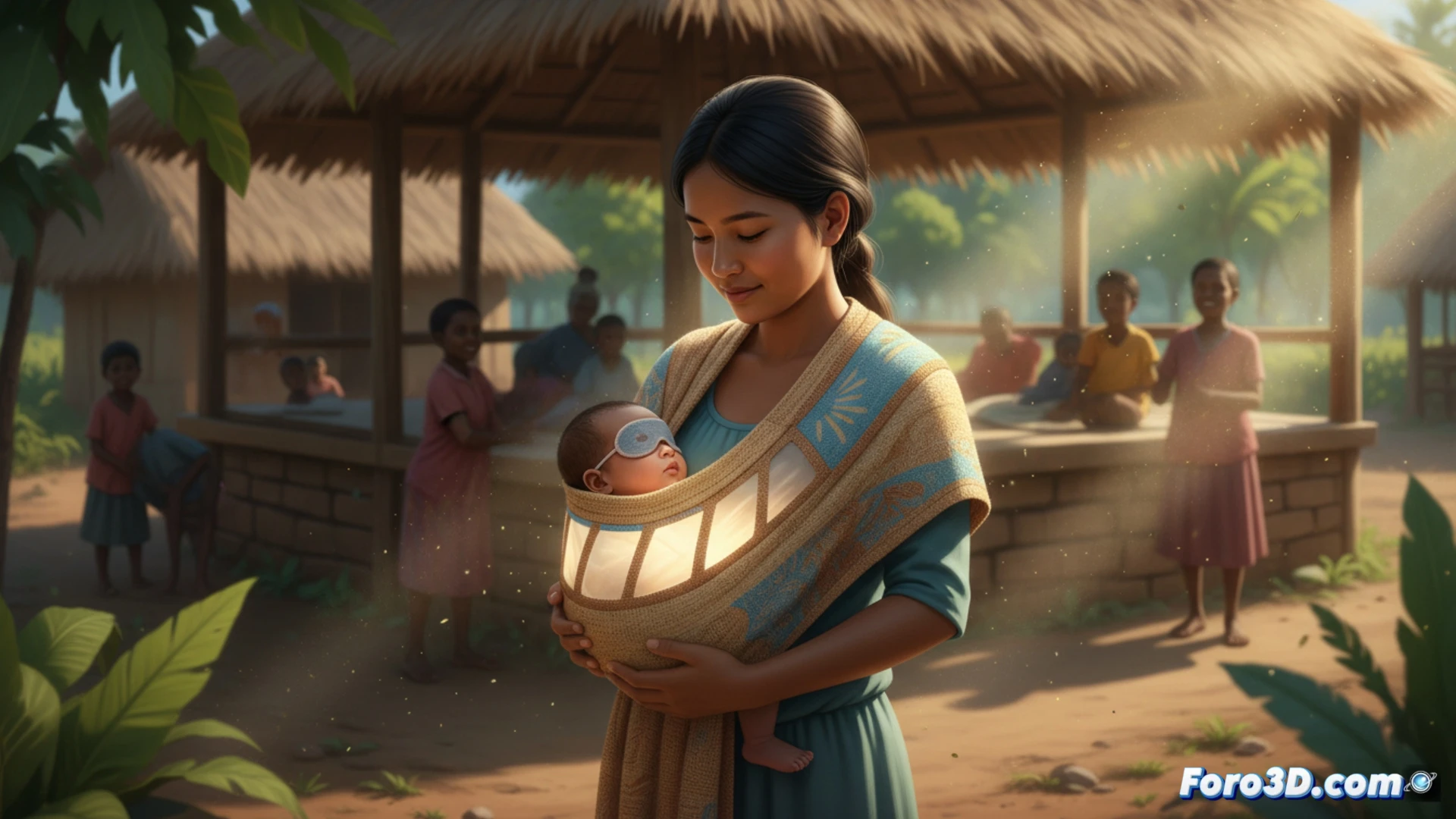 Un bebé descansa en una bandolera azul, mientras la luz solar filtrada por su tejido especial brilla suavemente sobre su piel, tratando la ictericia.