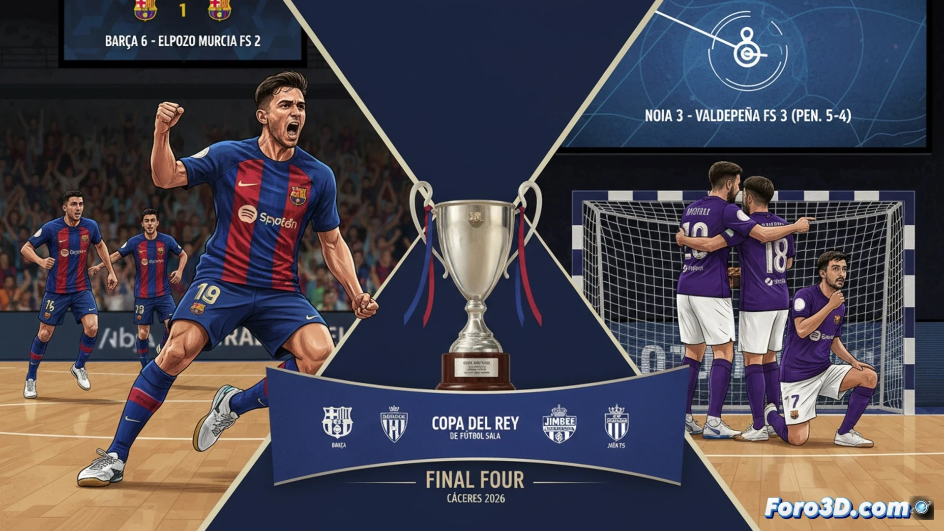 Dos jugadores celebran, fondo con afición vibrante y logotipos de Barça y Valdepeñas, anunciando la Final Four en Cáceres.