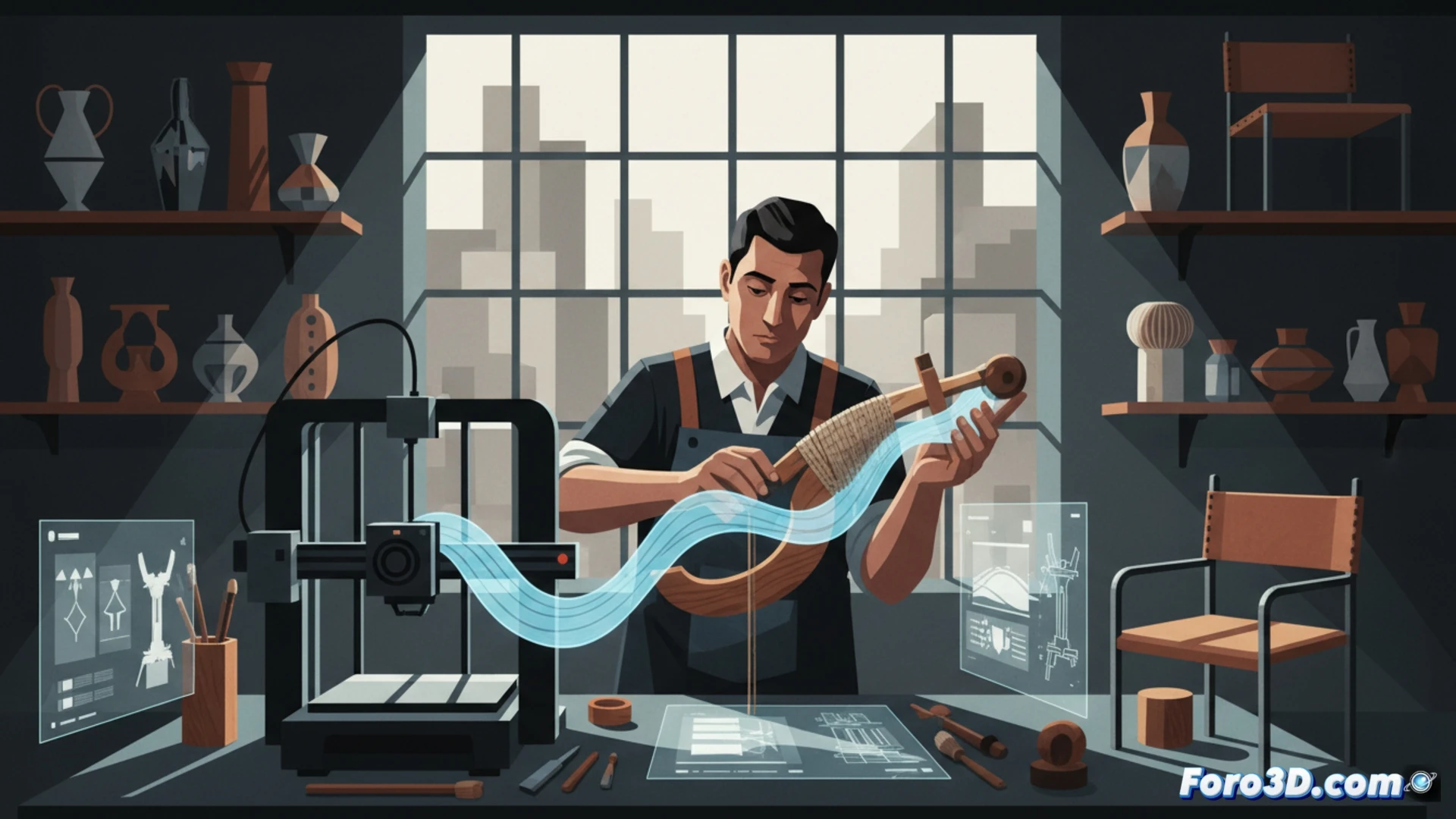 Una mano artesana ajusta un delicado objeto cerámico impreso en 3D sobre un banco de trabajo con herramientas tradicionales y un modelo digital al fondo.