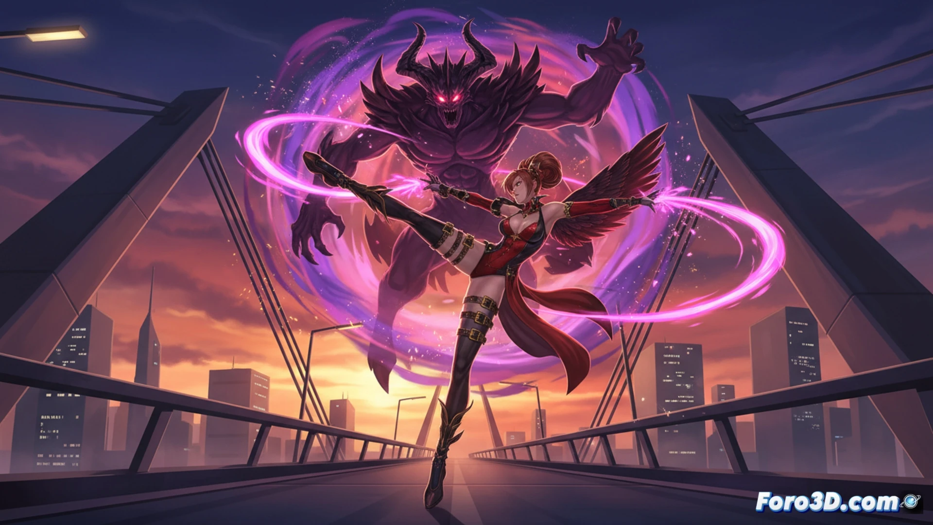 Captura de pantalla de Bayonetta 3 mostrando a la protagonista en plena acción, con efectos de partículas y un demonio invocado en el fondo, ilustrando el caos visual que el juego maneja manteniendo fluidez.