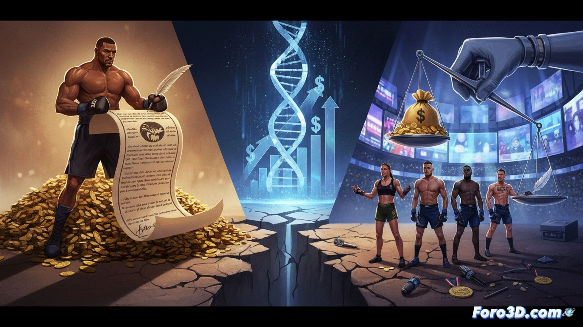 Un boxeador firma un cheque millonario, mientras un luchador de UFC observa con un contrato modesto, simbolizando la brecha salarial entre ambos deportes.