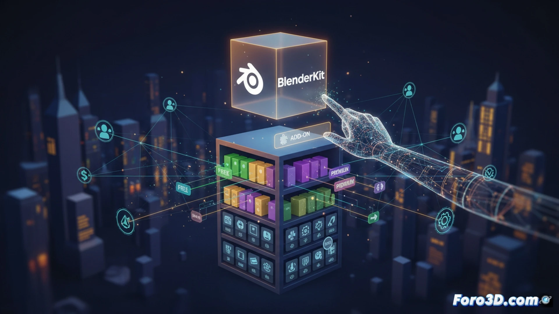 Un usuario en Blender busca complementos en la nueva biblioteca integrada de BlenderKit, mostrando resultados gratuitos y de pago.