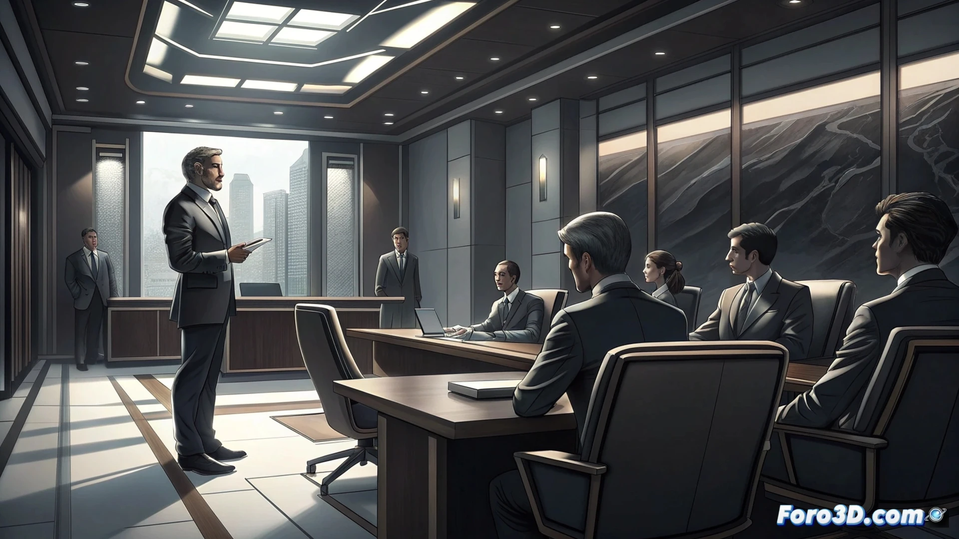 Una oficina moderna, vacía y automatizada, con robots y gráficos de IA en pantallas, contrastando con pilas de cajas de cartón de despidos.