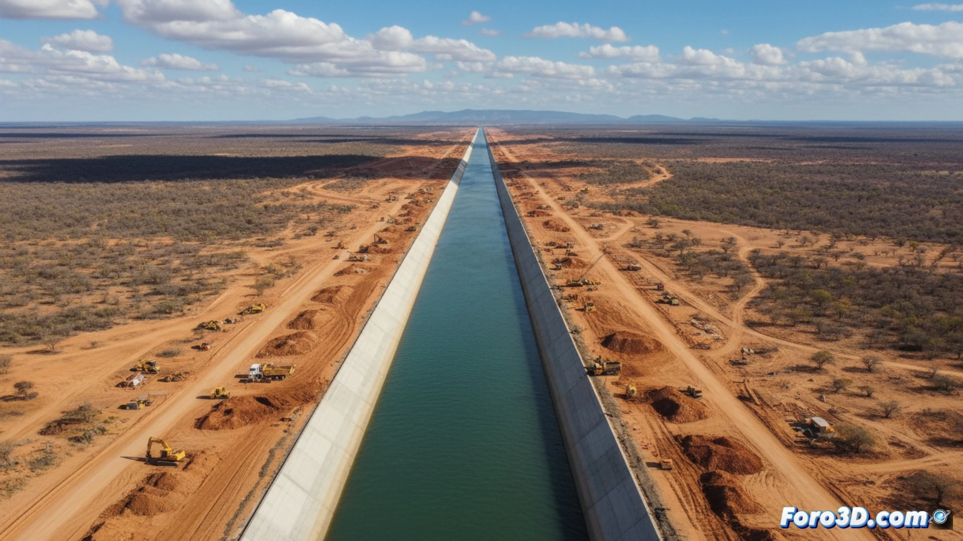 Vista aérea o infografía que muestra el trazado del extenso canal artificial de 145 kilómetros del proyecto Cinturão das Águas en Brasil, atravesando un paisaje semiárido.