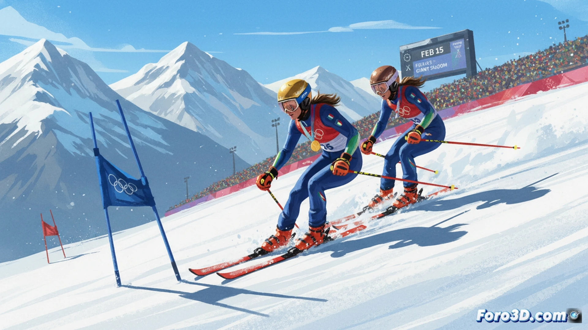 Dos esquiadoras italianas, Brignone y Goggia, compiten en un gigante bajo el sol invernal, con las montañas y el público de fondo.