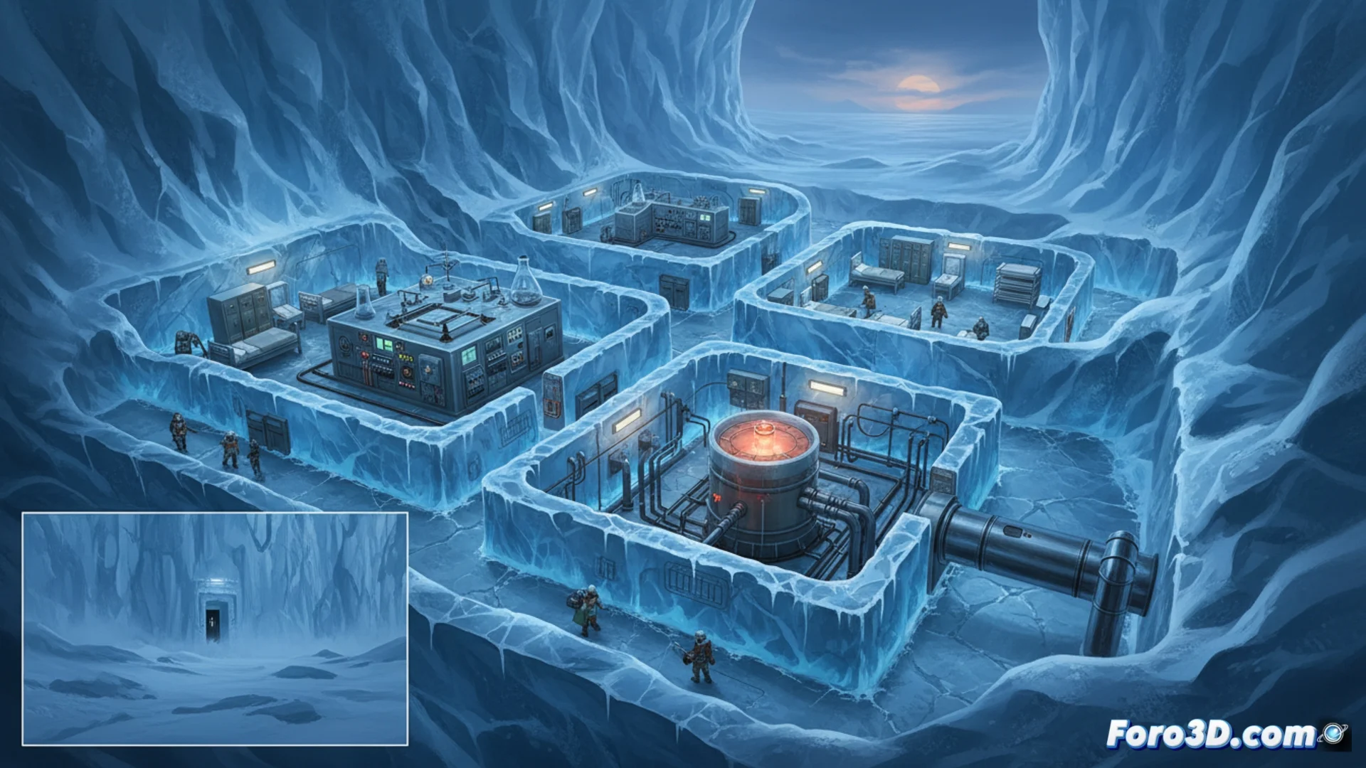 Fotografía aérea o ilustración que muestra las estructuras y túneles de la base militar Camp Century, parcialmente enterrados bajo la nieve y el hielo en el paisaje ártico de Groenlandia.