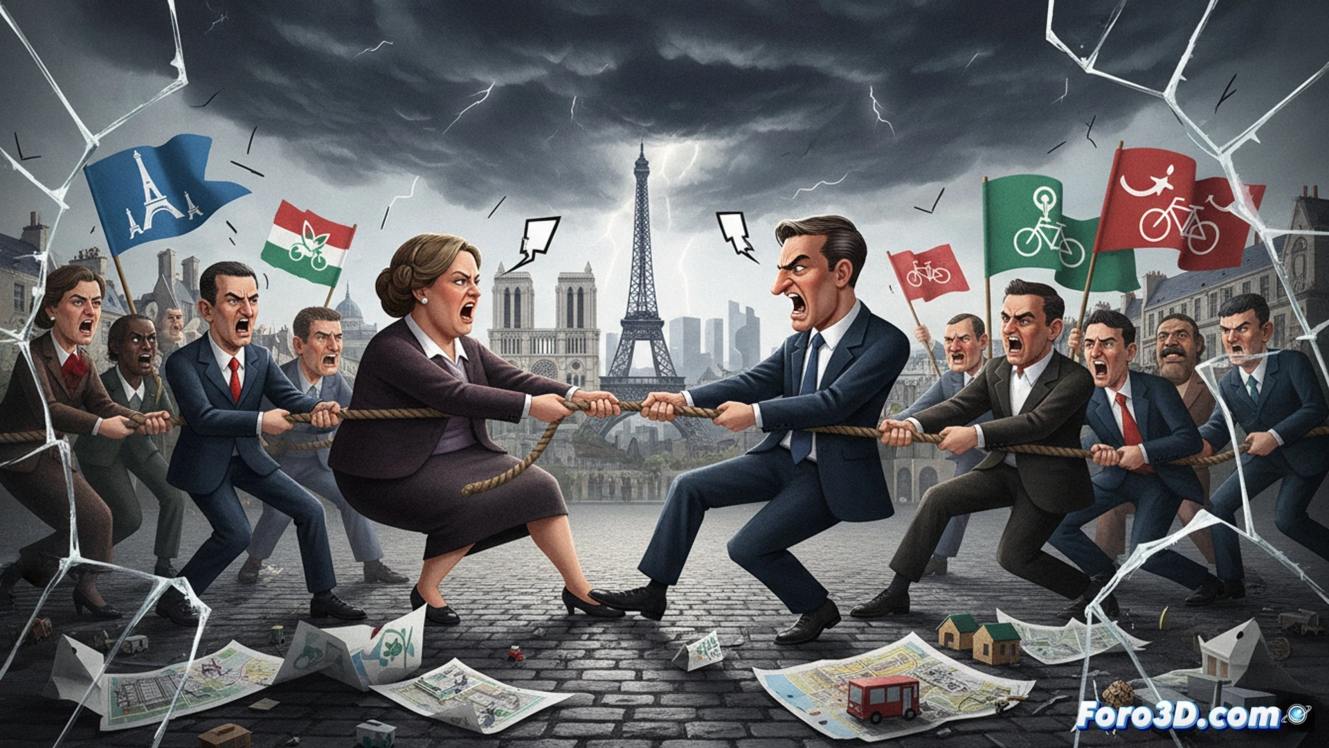 Imagen de un debate entre candidatos en París, con gestos tensos y un público dividido en dos bloques de colores políticos contrastantes.