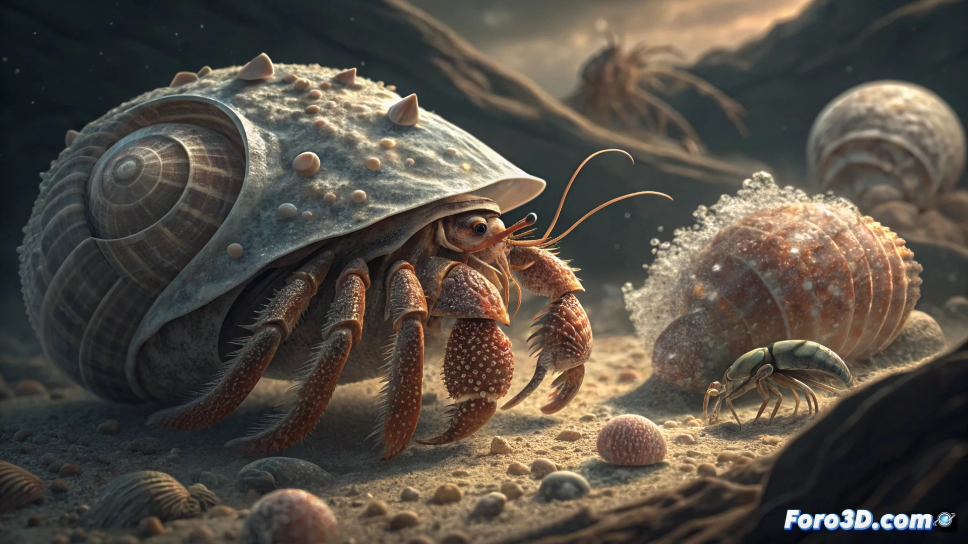 Cangrejo ermitaño con un tapón de botella rosa como caparazón, en una playa llena de desechos plásticos y sin conchas naturales a la vista.