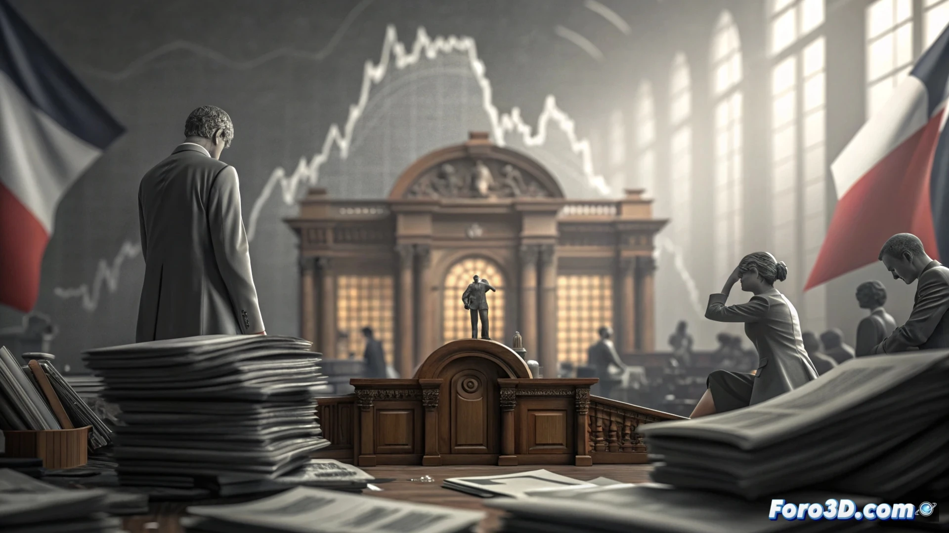 Imagen del Palacio del Elíseo con documentos presupuestarios desordenados y empresarios franceses observando con preocupación y desconfianza.