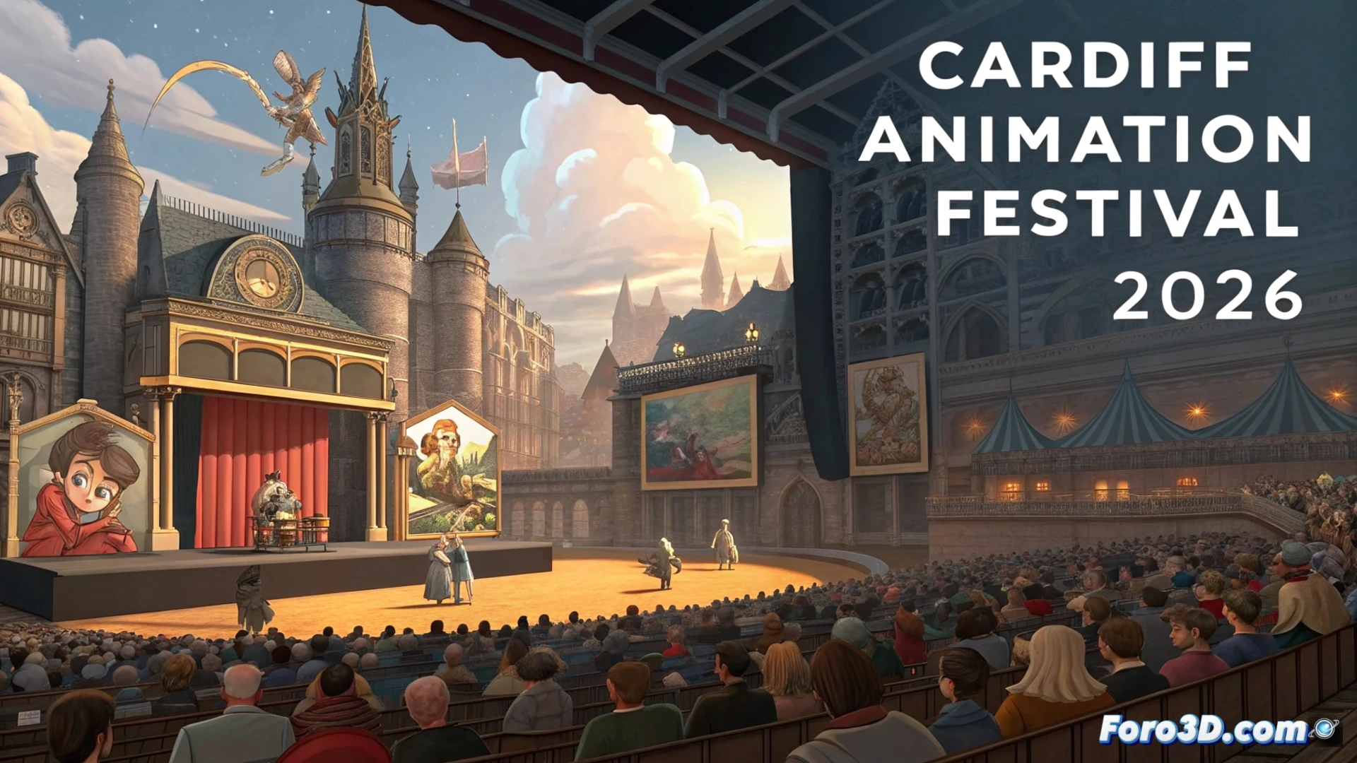 Una multitud diversa observa fascinada una proyección de animación, con carteles del festival y siluetas de personajes animados en las paredes del Chapter Arts Centre.