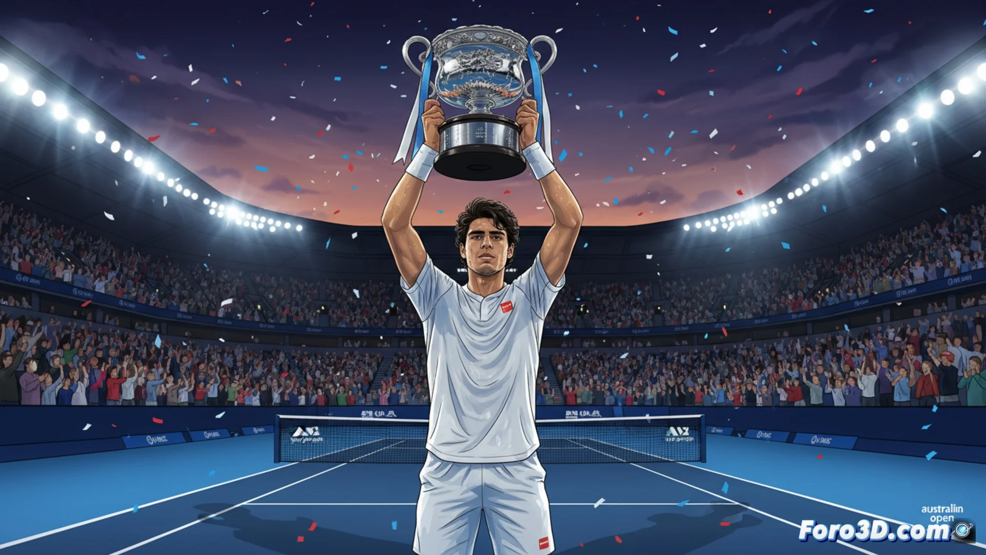 Carlos Alcaraz celebra con el trofeo de campeón del Abierto de Australia en la pista central de Melbourne Park, con expresión de alegría y esfuerzo recompensado.