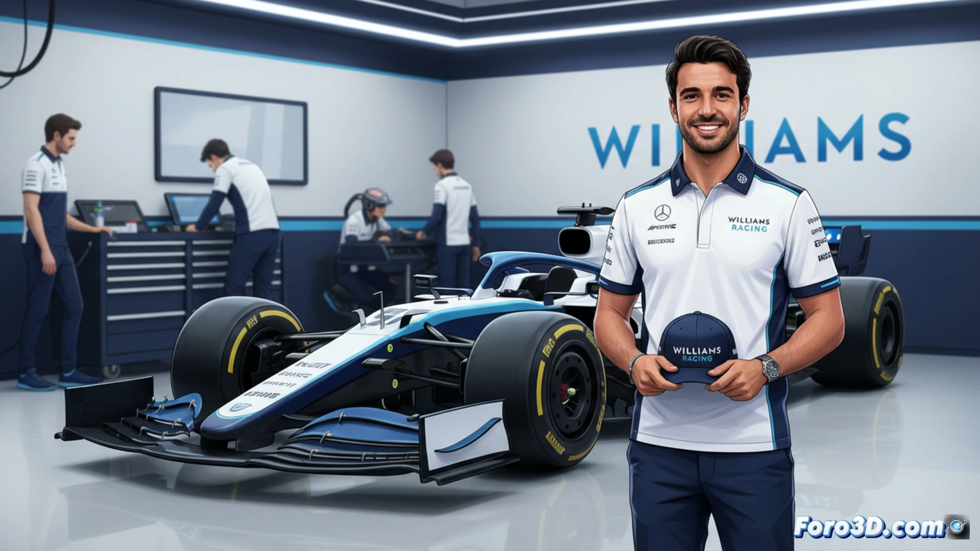 Carlos Sainz posando junto al modelo Williams FW48 durante el evento de presentación de su fichaje, con gráficos azules y blancos de la escudería de fondo.