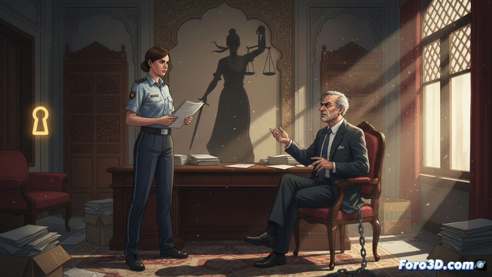 Una mujer policía observa tensa un pasillo de embajada, reflejada en un ventanal que muestra el bullicio de Nueva Delhi, simbolizando aislamiento y vulnerabilidad institucional.