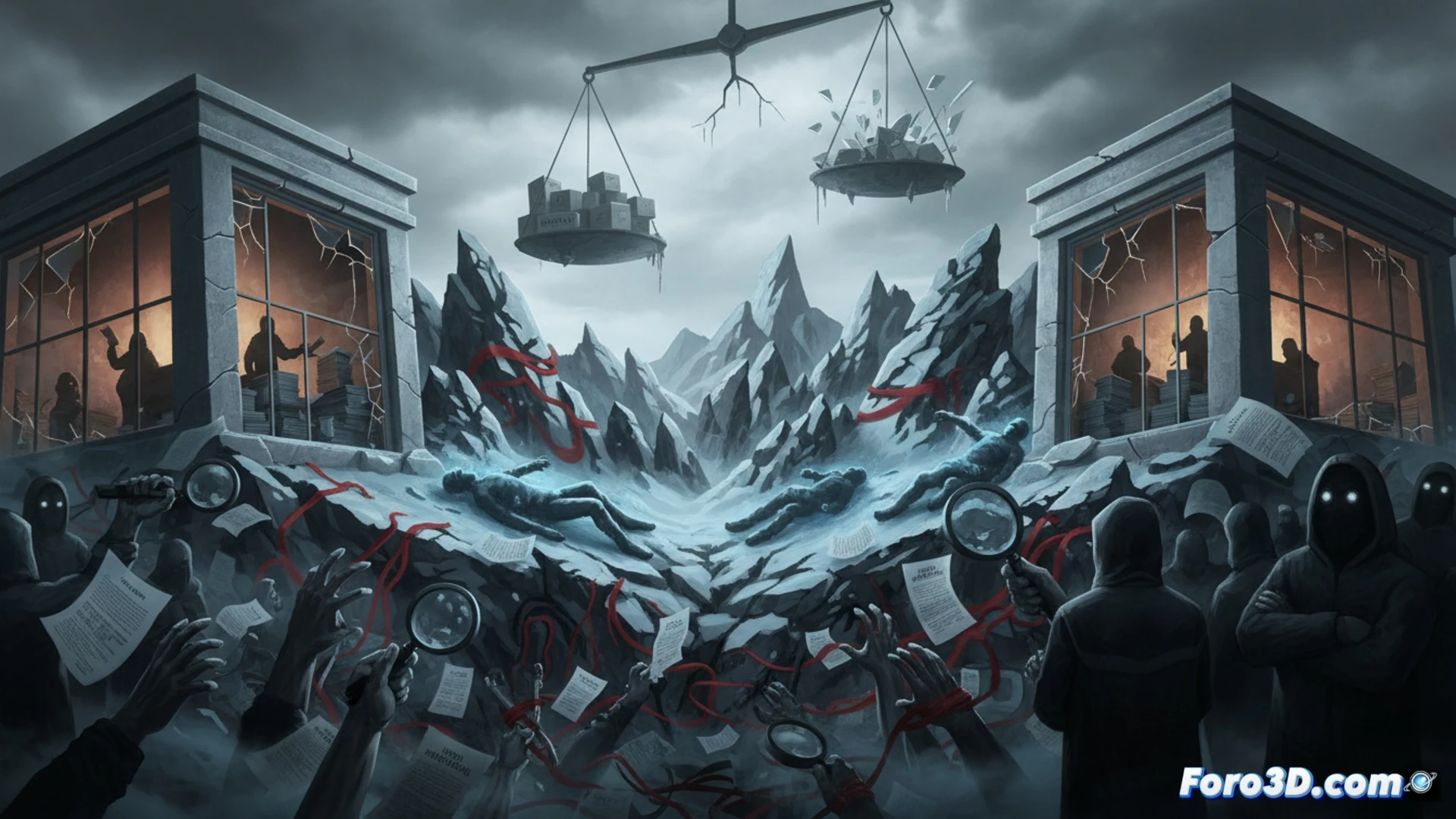 Seis cuerpos en la nieve de una montaña búlgara. Policías investigando bajo una densa niebla, simbolizando la confusión y la desconfianza pública en las autoridades.