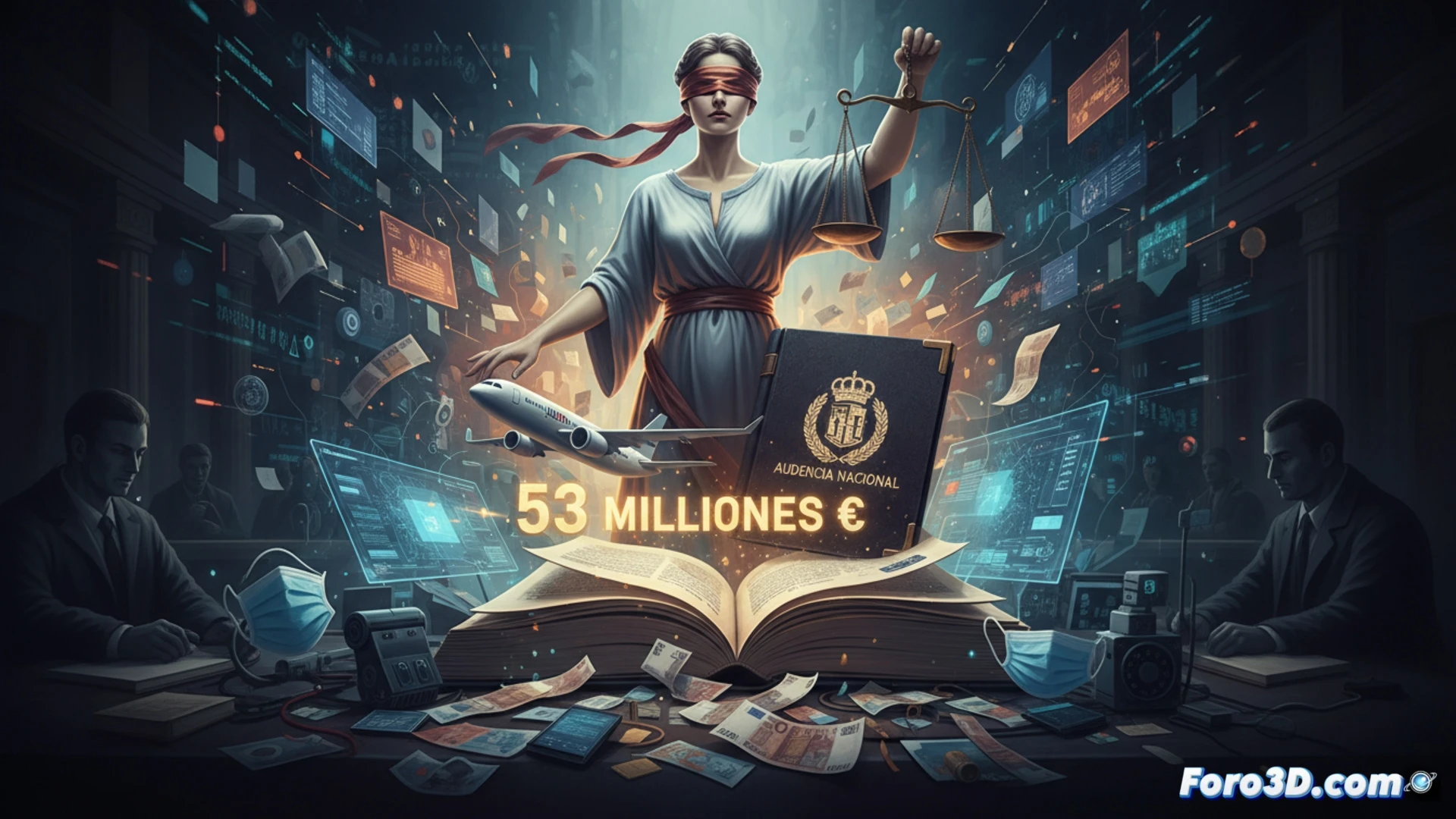 Imagen: Un juez revisa documentos con el logo de Plus Ultra. Al fondo, un gráfico muestra 53M€ desviándose hacia cuentas opacas, conectadas con un avión. Sobre la mesa, titulares de prensa sobre rescates y detenciones.