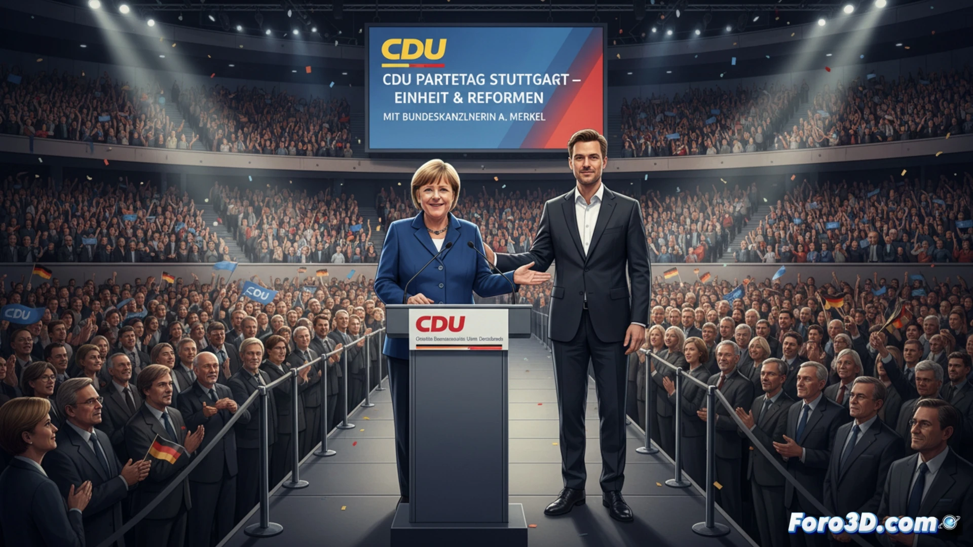 Angela Merkel aplaude en el estrado del congreso de la CDU, junto a Friedrich Merz, ante un mar de banderas del partido en Stuttgart.