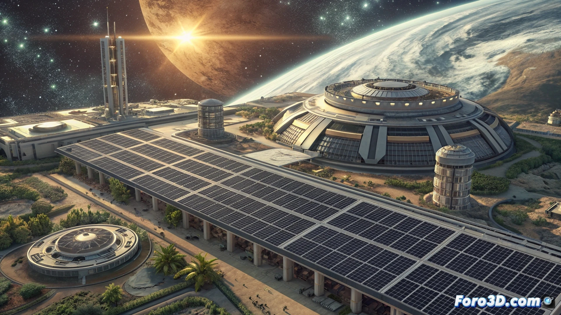 Una estación espacial con enormes paneles solares y módulos de servidores, reflejada sobre la Tierra, ilustrando el potencial y la complejidad de los centros de datos orbitales.