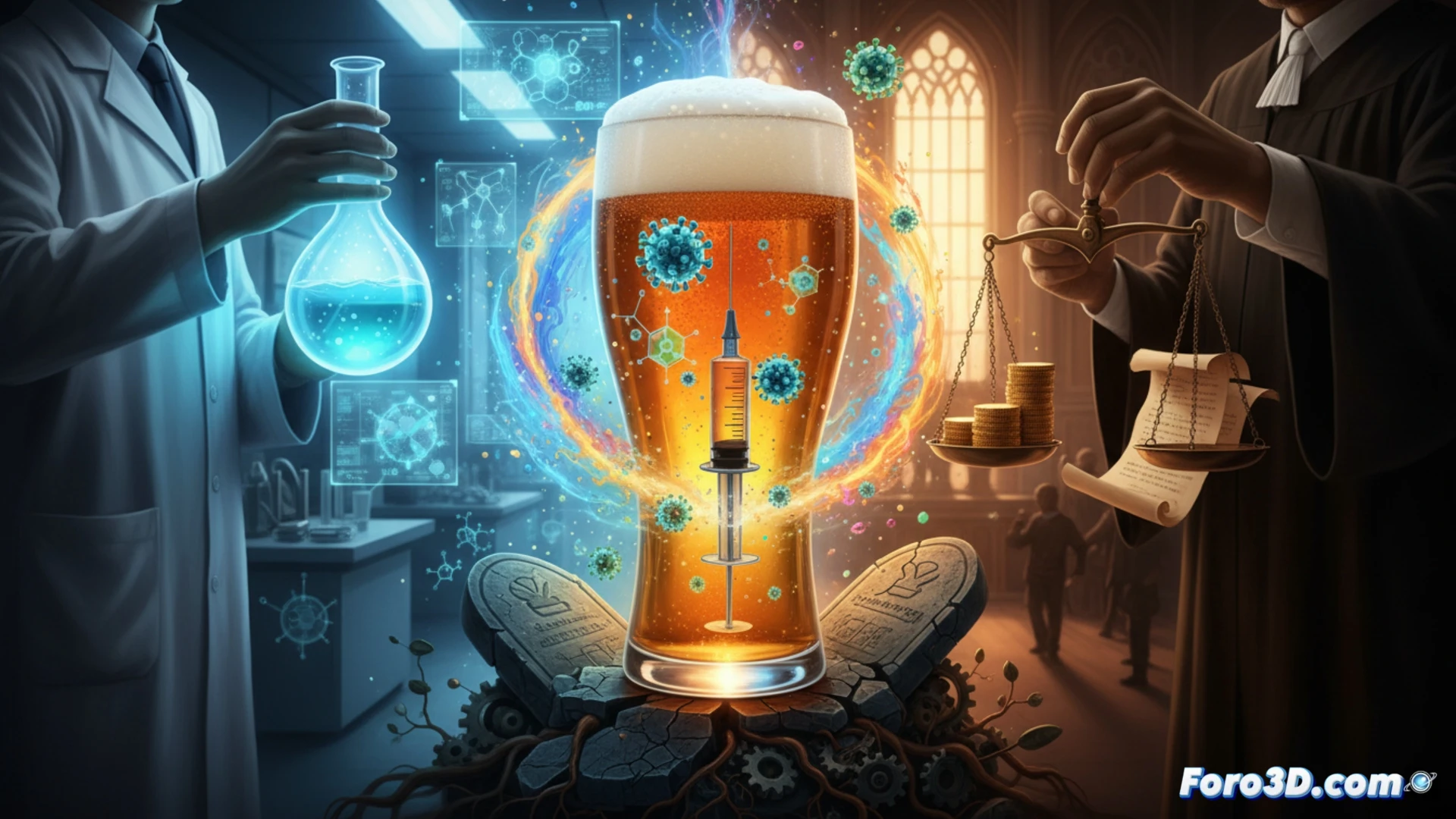 Un científico sostiene una cerveza y una jeringa, con gráficos de moléculas y virus de fondo. Su expresión es ambivalente, reflejando el dilema ético.