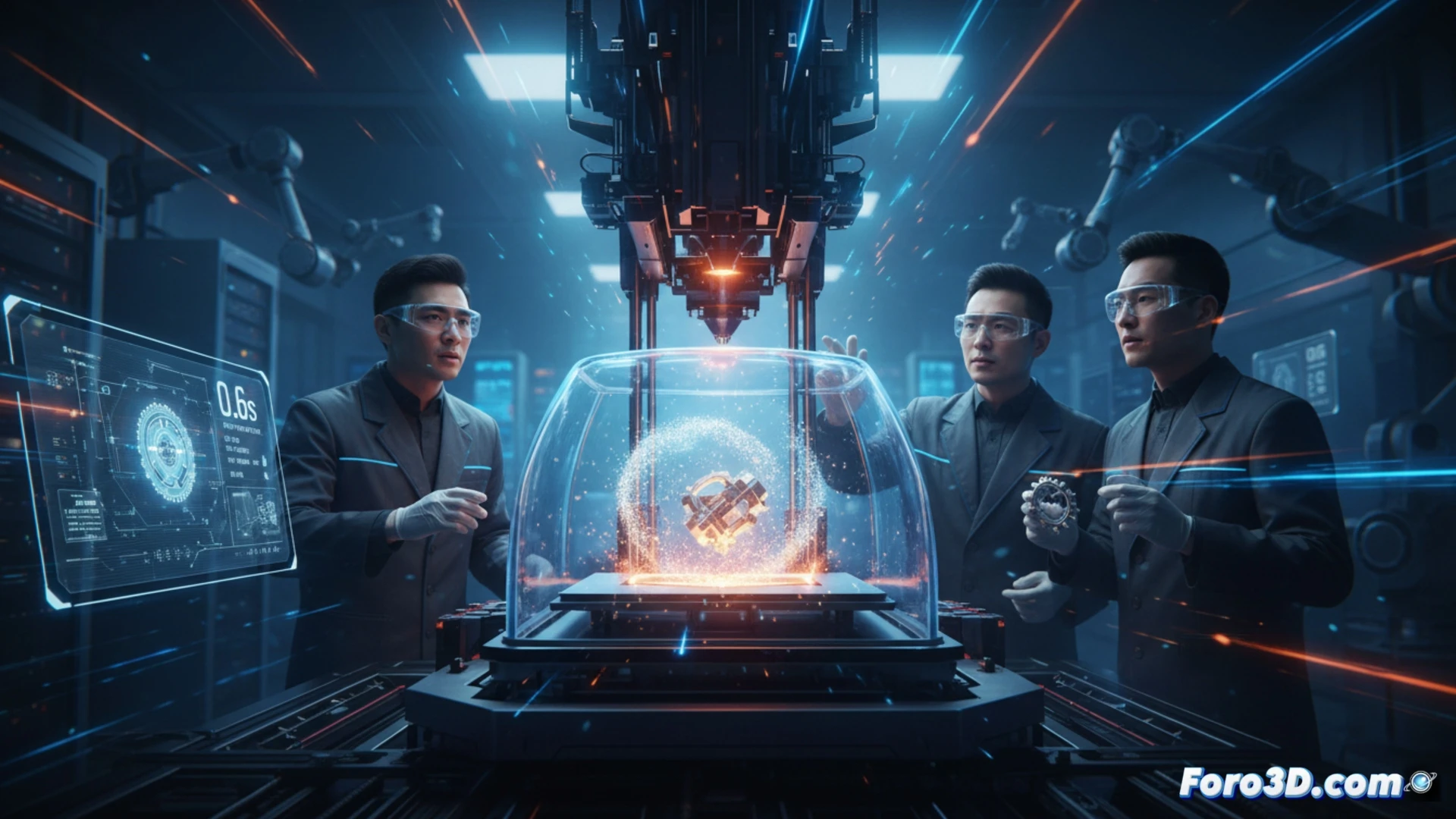Un brazo robótico con un cabezal de impresión 3D emite un haz de luz azul intenso, creando instantáneamente un objeto complejo sobre una plataforma. El movimiento es un borrón de velocidad, resaltando la fabricación en menos de un segundo.