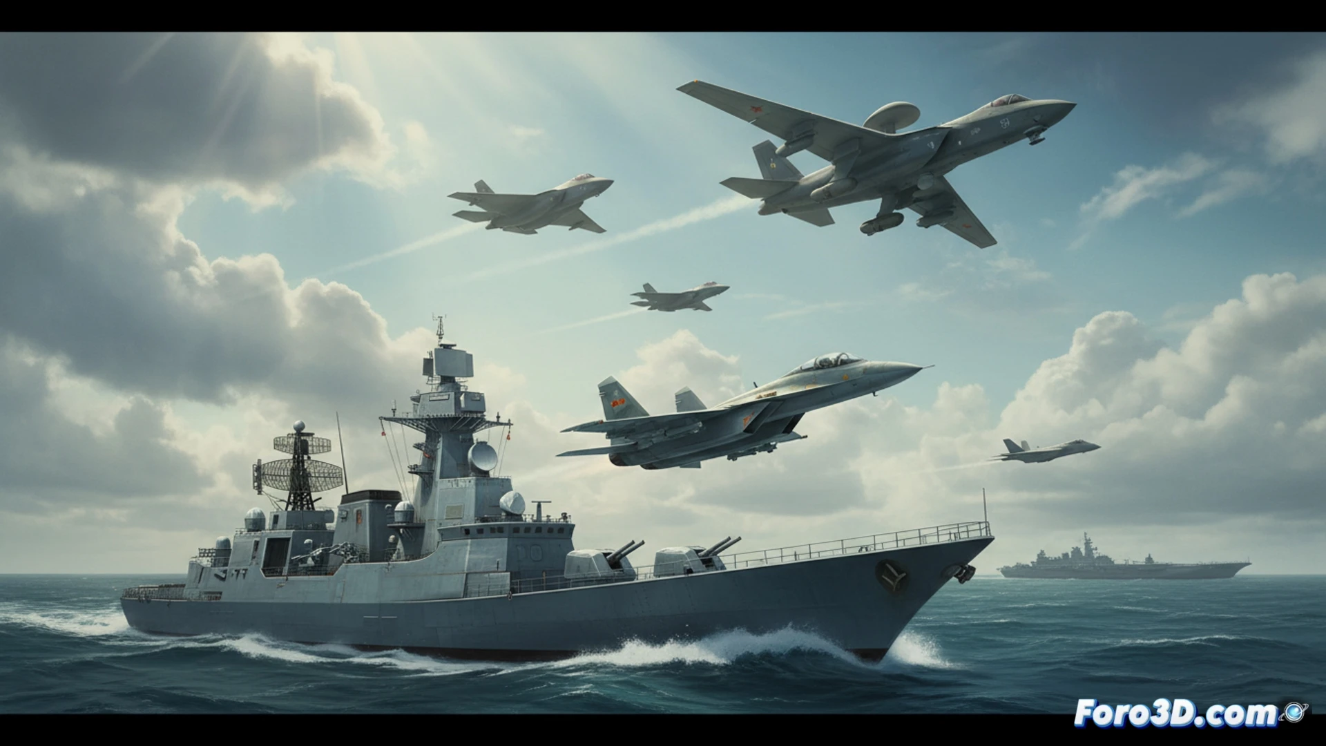 Avión de vigilancia estadounidense sobrevolando el Mar Amarillo, mientras fragatas y cazas chinos lo monitorean de cerca desde aire y mar.