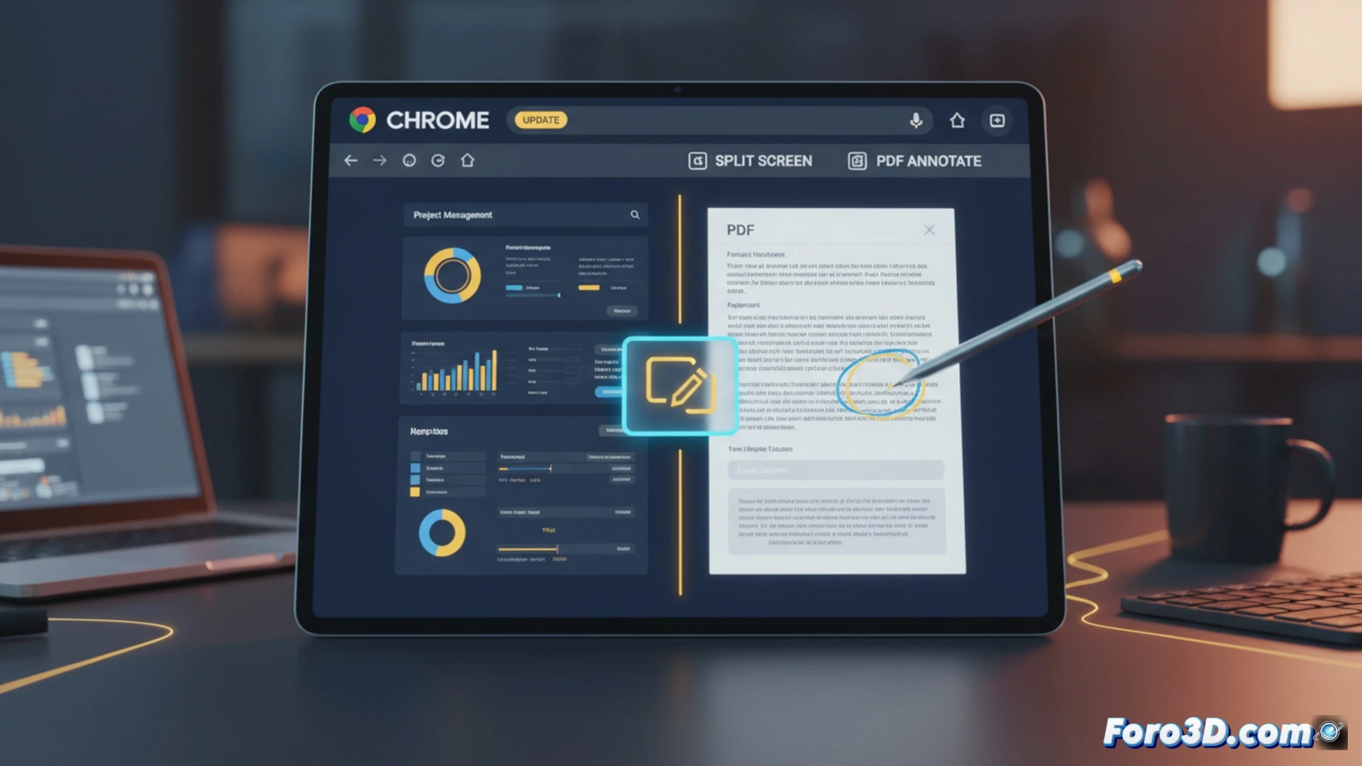 Captura de Chrome mostrando dos webs en pantalla dividida y un PDF con texto resaltado y notas adhesivas digitales superpuestas.