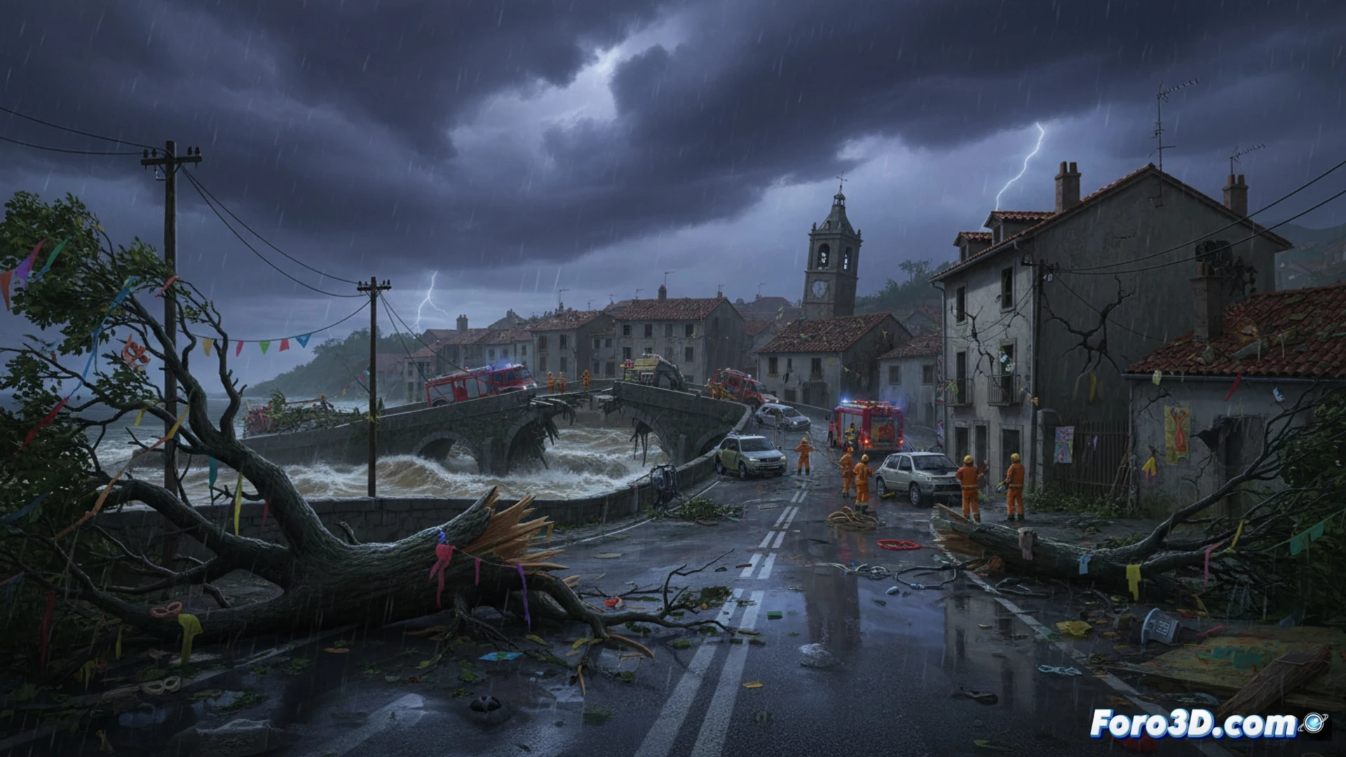 Un ciclón azota Cantabria: vientos huracanados derriban árboles sobre carreteras inundadas, con emergencias trabajando entre escombros y lluvia torrencial.