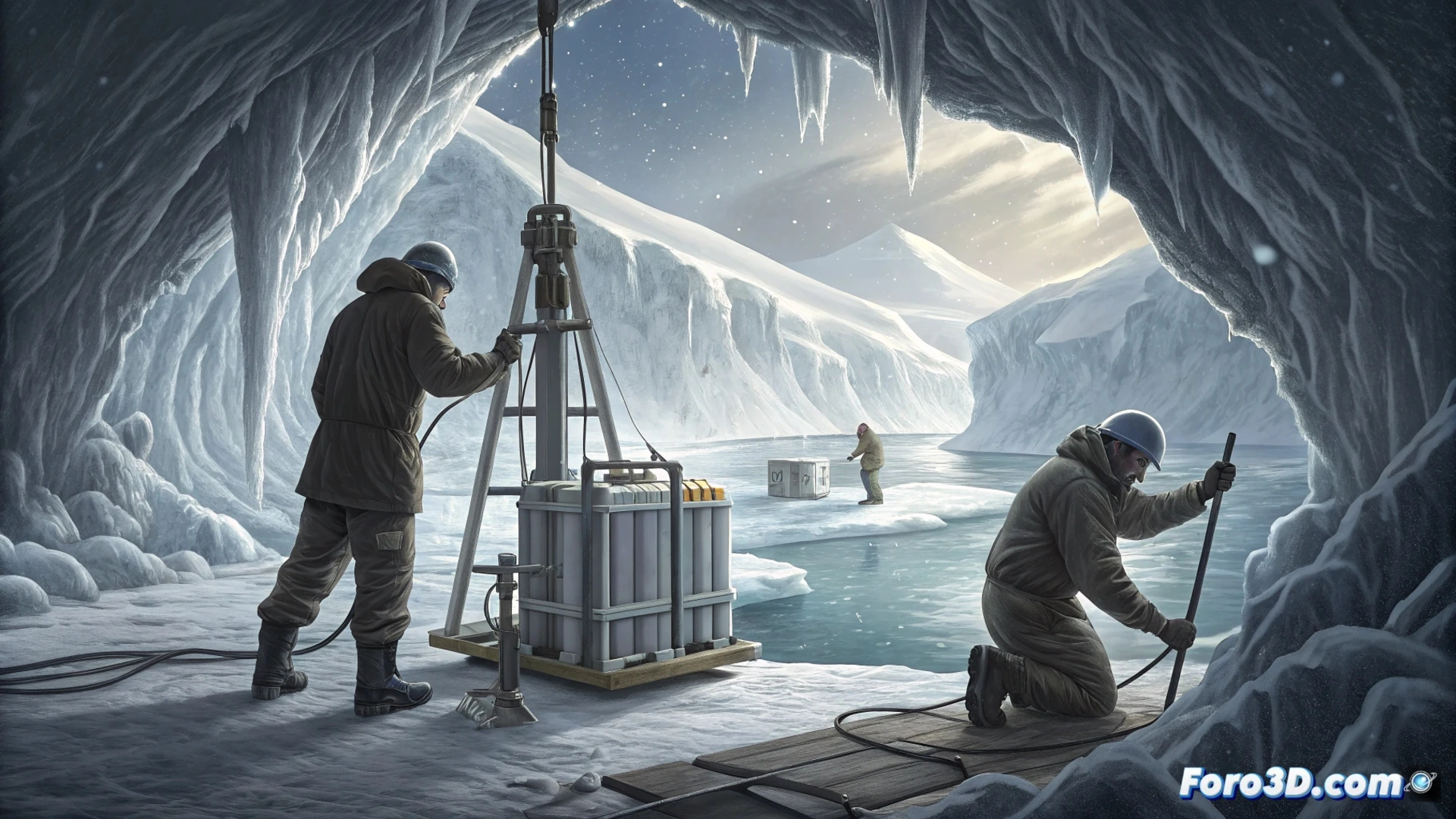 Científicos en la Antártida extraen un largo cilindro de sedimento de un pozo profundo en el hielo, bajo un cielo azul intenso.