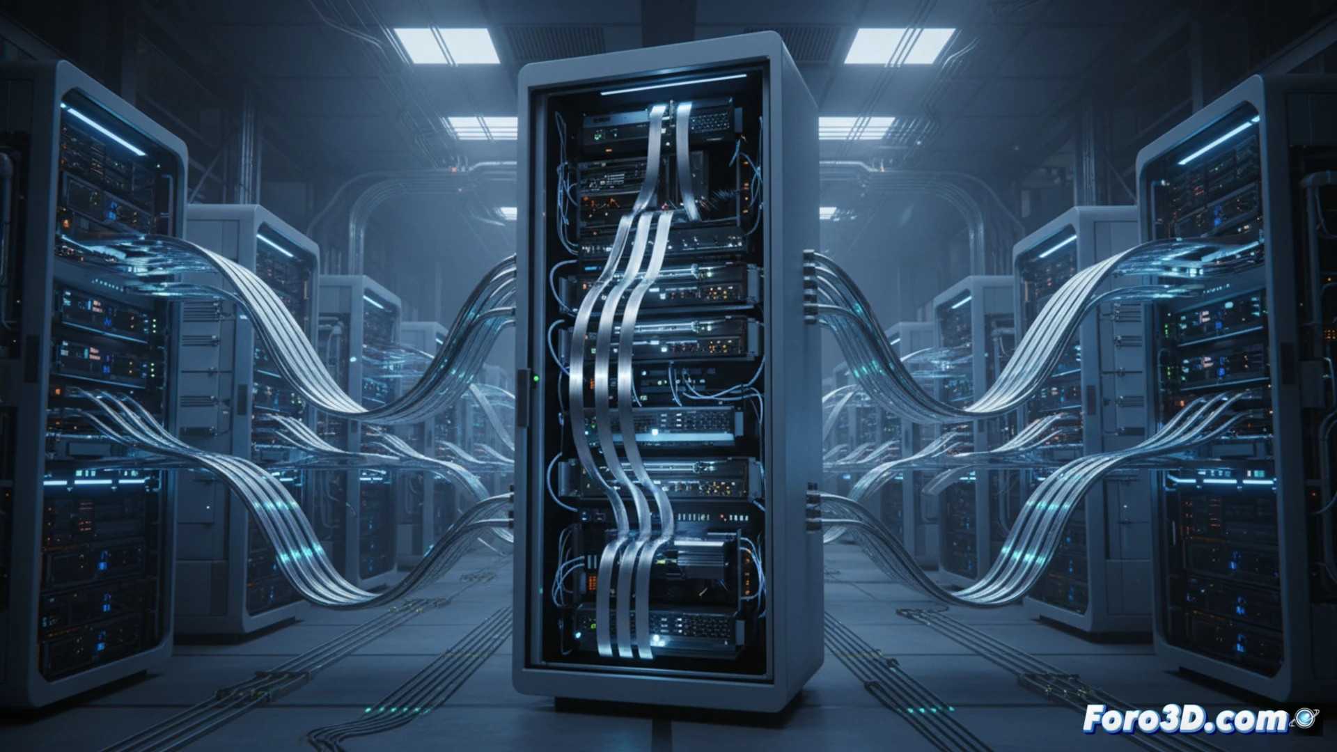 Cintas superconductoras transportando densos flujos de energía en un centro de datos futurista y eficiente.