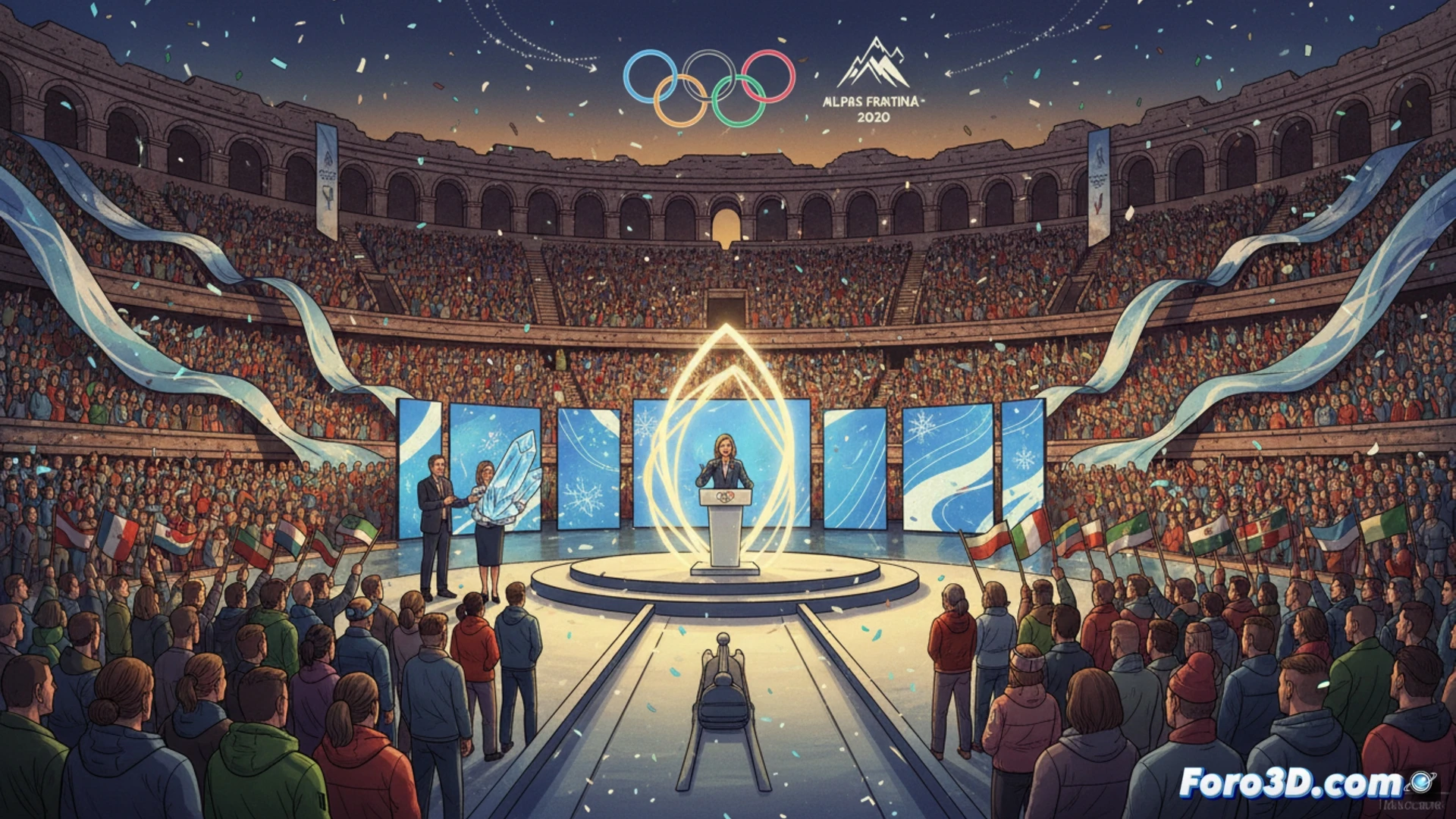 Ceremonia de clausura en la Arena de Verona, con fuegos artificiales iluminando el cielo nocturno sobre la histórica estructura.