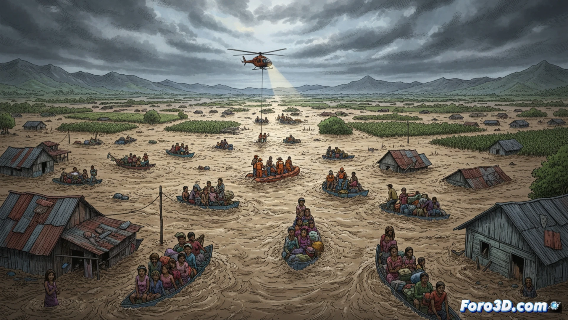 Una extensa llanura inundada, techos de casas asomando entre el agua lodosa y familias evacuando con pertenencias en botes improvisados.
