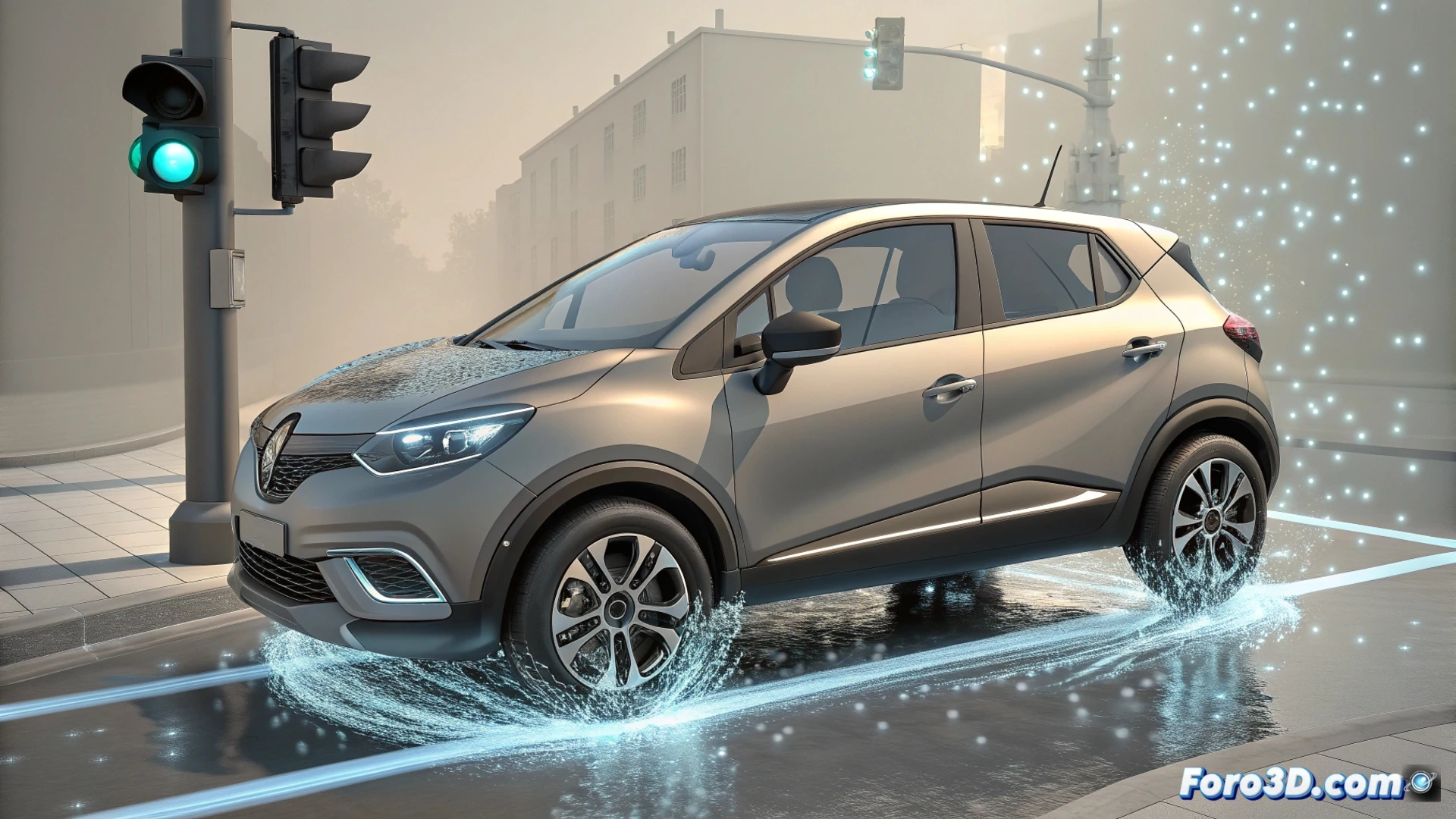 Ilustración técnica que muestra el sistema microhíbrido de un Renault Captur, destacando el alternador reversible, la batería de 48V y cómo la energía cinética se recupera al frenar para luego asistir al motor térmico.