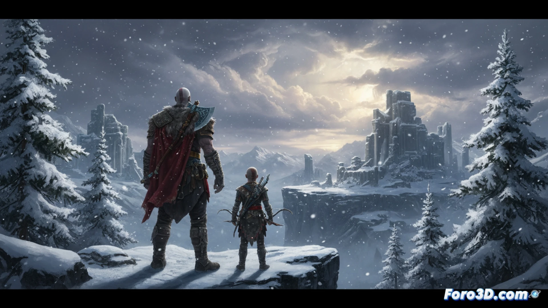 Kratos y Atreus en un paisaje nórdico espectacular del videojuego God of War Ragnarök, mostrando el alto nivel de detalle visual.