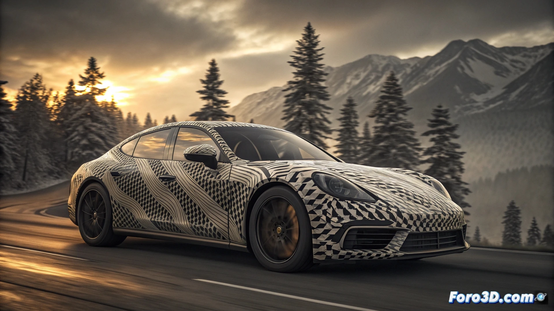 Prototipo del Porsche Panamera completamente camuflado con paneles de plástico negros y formas exageradas que distorsionan su silueta real, circulando por una carretera a plena luz del día.