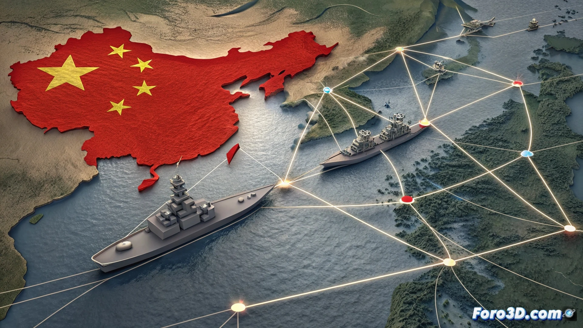 Un mapa con circuitos y drones conectando Reino Unido, China y Rusia, evadiendo sanciones con flechas opacas.