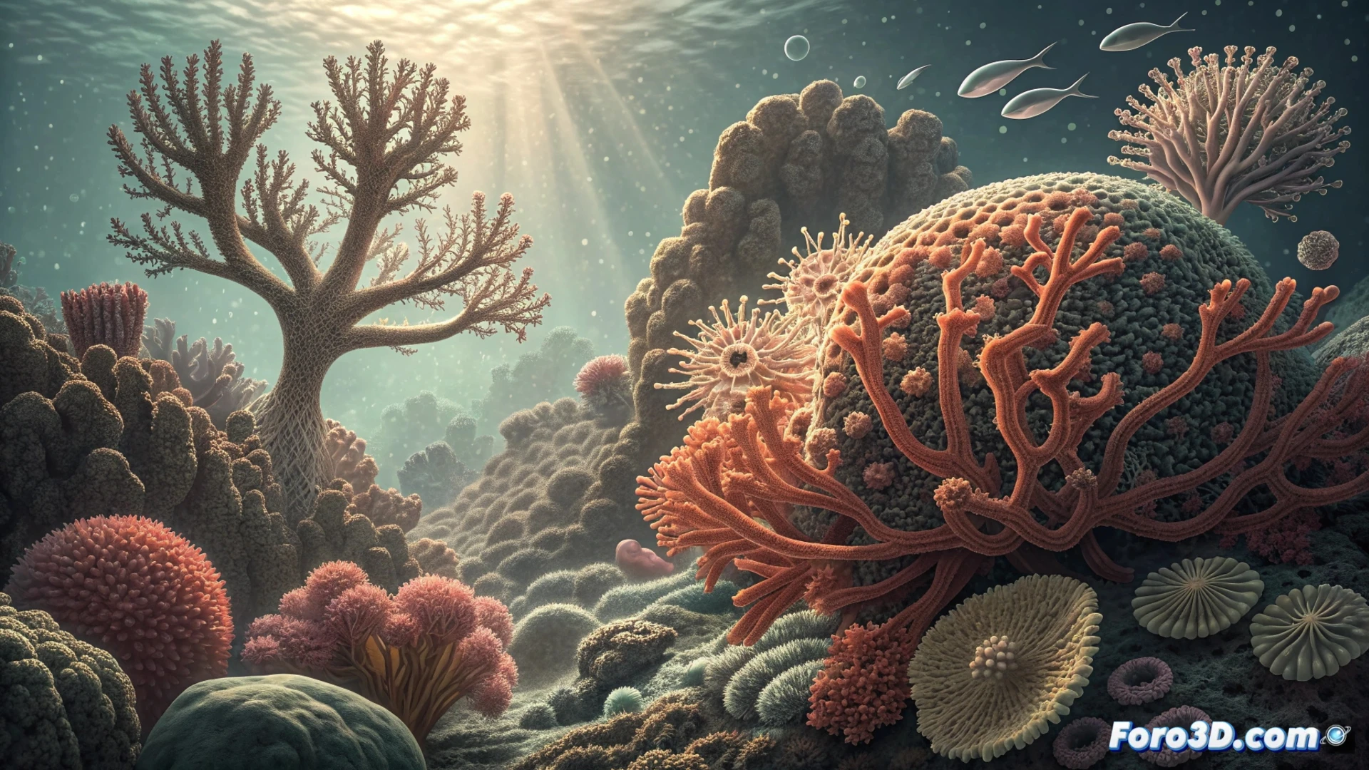 Colonias de coral liberando gametos y compuestos químicos al agua, en un evento masivo y sincronizado de desove nocturno.